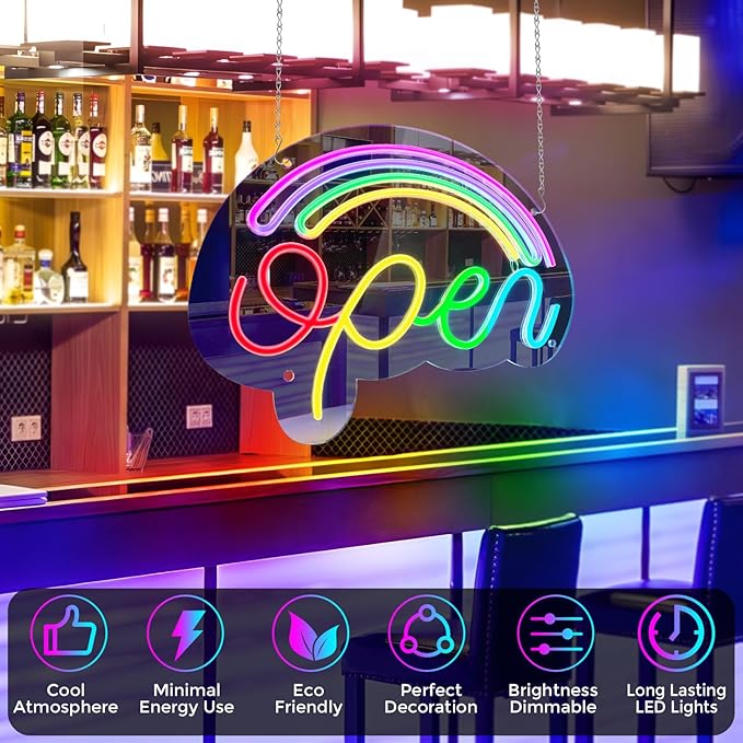 LED Open Neon Sign, Dimmable Open Signs for Business with ON/OFF Switch, 17"x12", 5V USB Powered Rainbow LED Neon Light Sign for Wall Decor, Shop, Bar, Home - Image 4