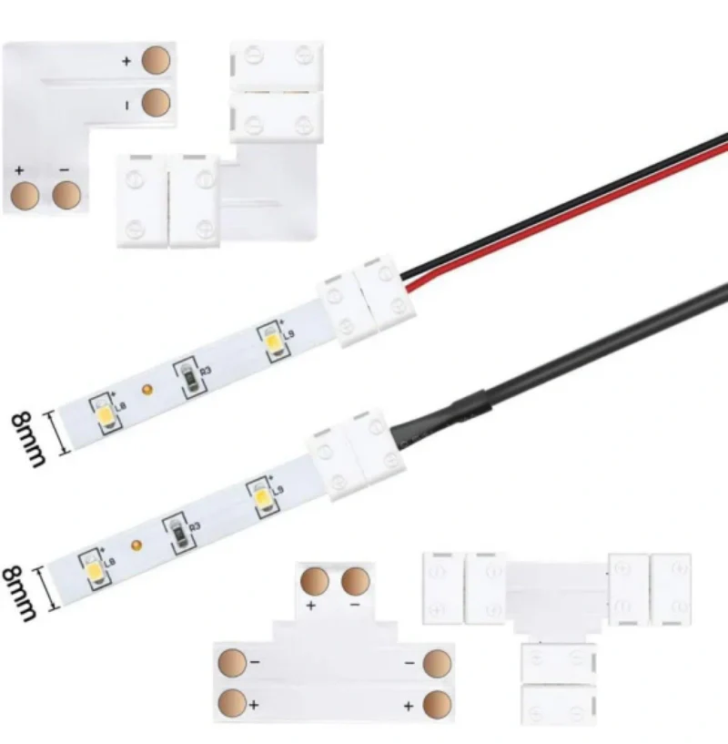 LED Strip Connectors – 8mm 2Pin Solderless Clips | Strip to Wire / Strip to Strip / DC Adapter / L / T – Local Stock US/UK