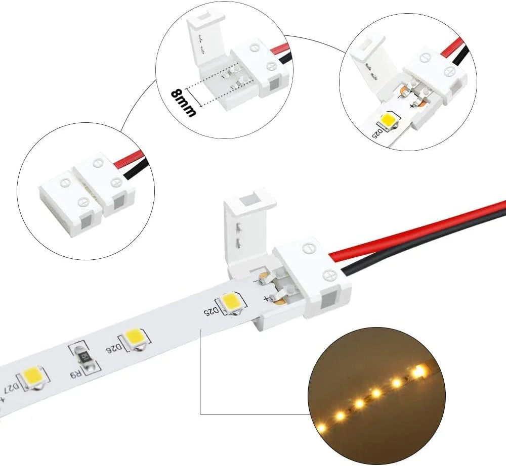 LED Strip Connectors – 8mm 2Pin Solderless Clips | Strip to Wire / Strip to Strip / DC Adapter / L / T – Local Stock US/UK - Image 3
