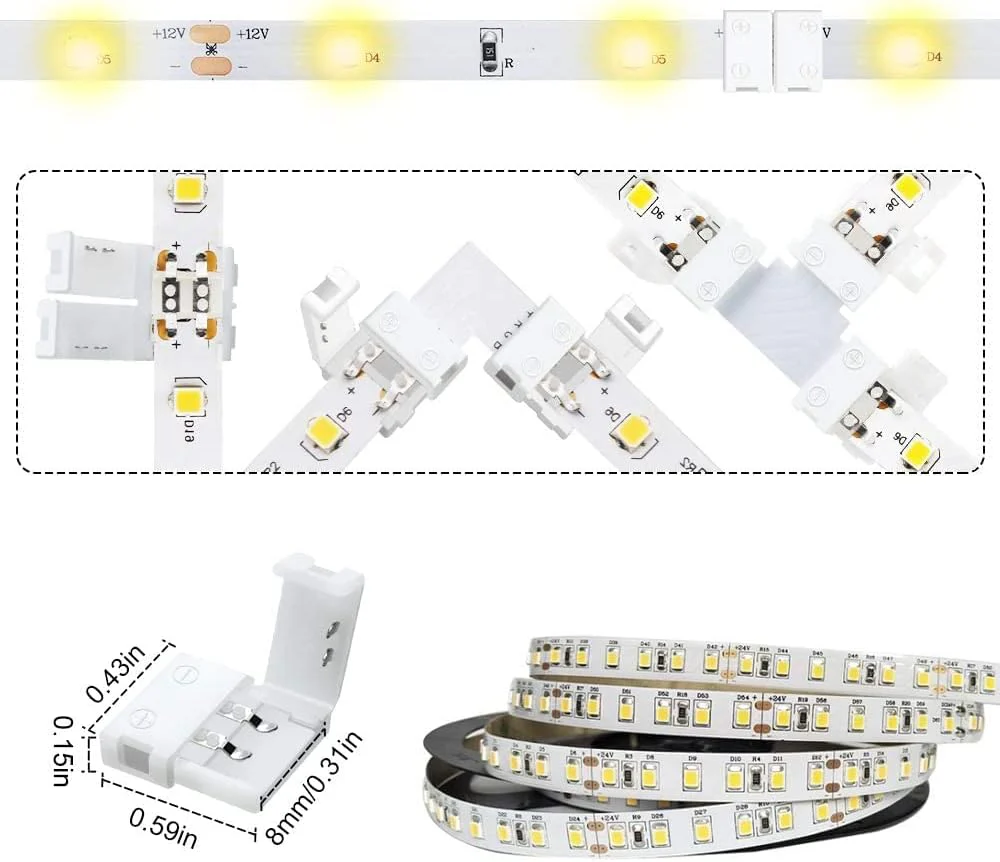 LED Strip Connectors – 8mm 2Pin Solderless Clips | Strip to Wire / Strip to Strip / DC Adapter / L / T – Local Stock US/UK - Image 5