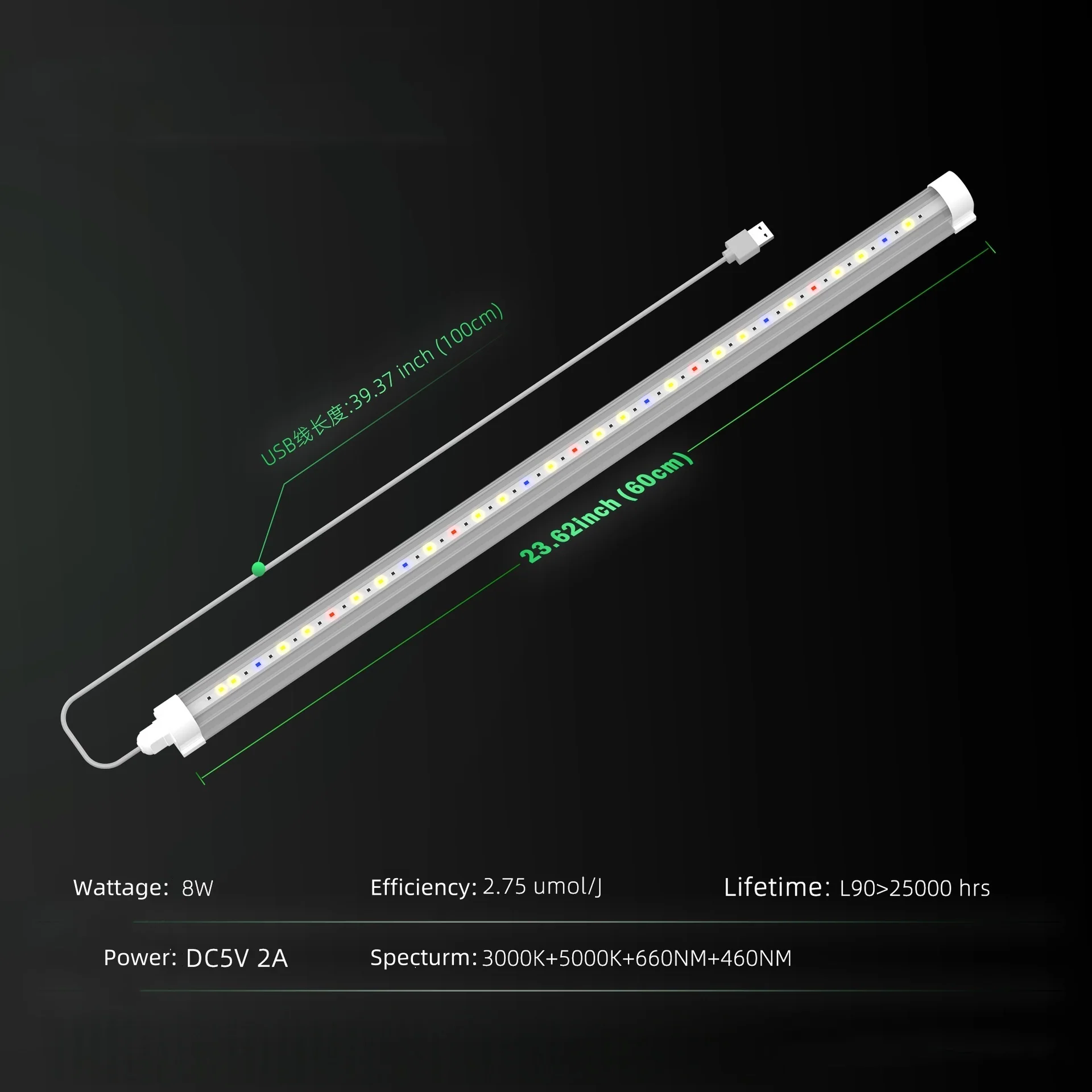 LED Tube Grow Light - 6Pcs | 60cm(2ft) Full Spectrum for Indoor Plants | 65W Dimmable Power Supply | 3000K + 5000K + 660nm + 460nm Spectrum | Selectable Mounting Brackets | Daisy Chain | for Greenhouses Plants | US / EU Plug - Image 6