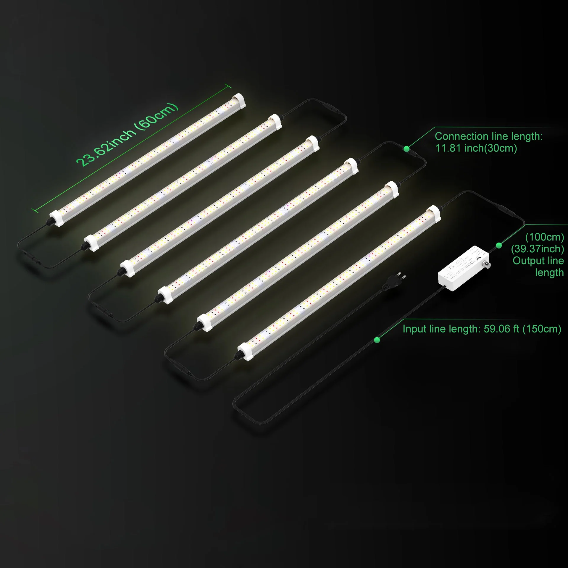 LED Tube Grow Light - 6Pcs | 60cm(2ft) Full Spectrum for Indoor Plants | 65W Dimmable Power Supply | 3000K + 5000K + 660nm + 460nm Spectrum | Selectable Mounting Brackets | Daisy Chain | for Greenhouses Plants | US / EU Plug - Image 7