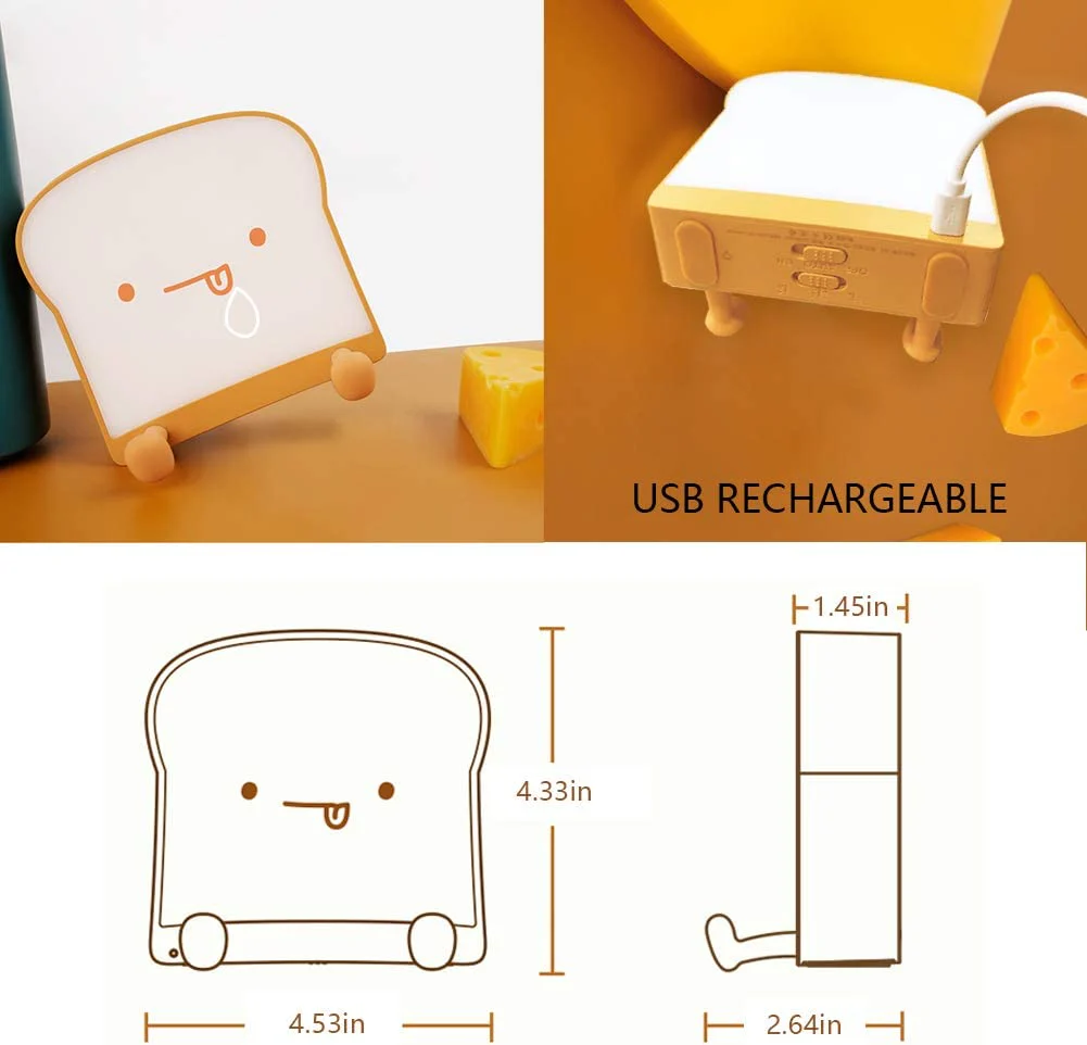 Meme Toast Bread LED Night Light – Rechargeable Bedside Nursery Lamp with Phone Stand - Image 3