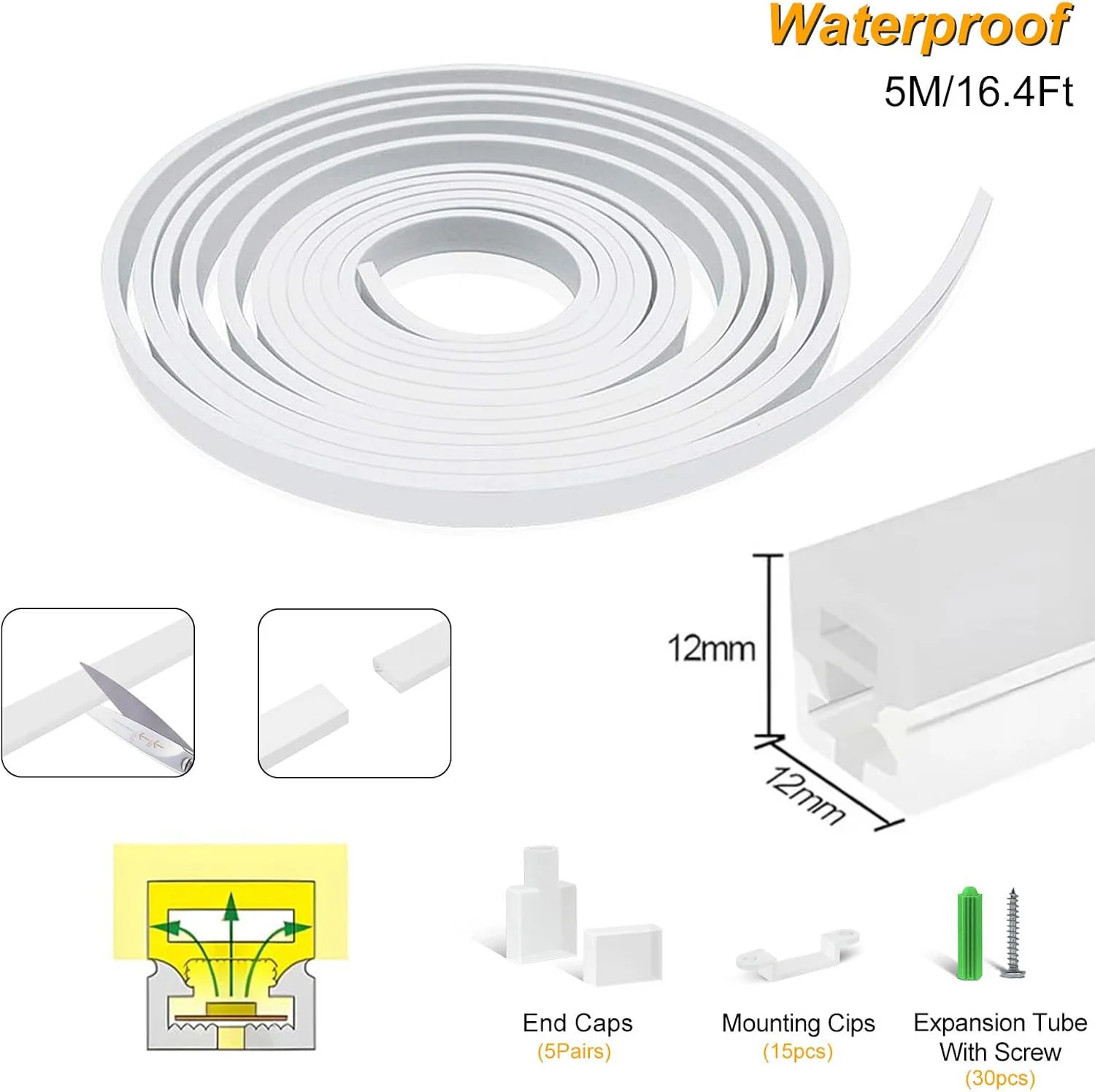 Neon Light Housing – S1212 | 12x12mm Silicone LED Channel System | IP67 Waterproof | 8mm PCB Width | 164FT/50M - Image 2