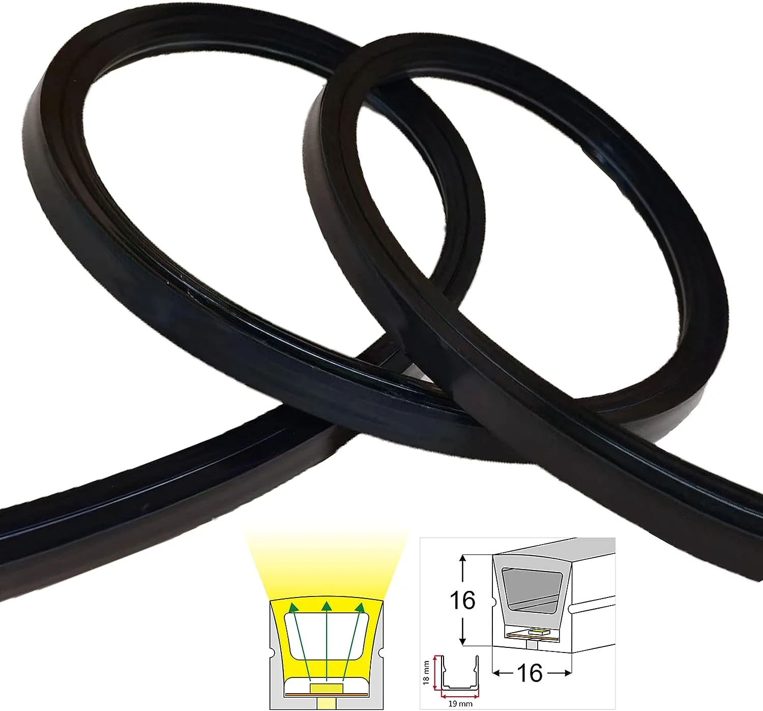 Neon Light Housing – S1616 Black | 16x16mm Silicone LED Channel System | IP67 Waterproof | 10mm PCB Width | 164FT/50M - Image 2