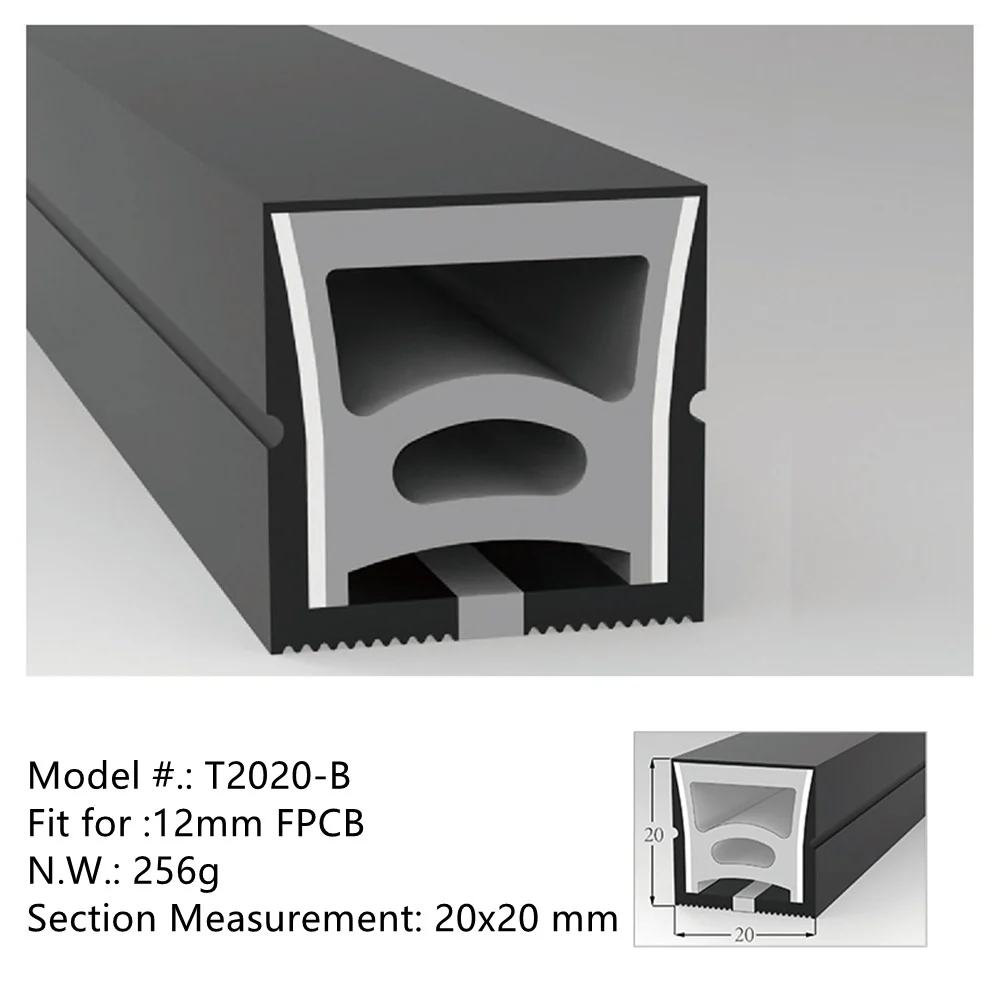 Neon Light Housing – S2020 Black | 20x20mm Silicone LED Channel System | IP67 Waterproof | 12mm PCB Width | 164FT/50M