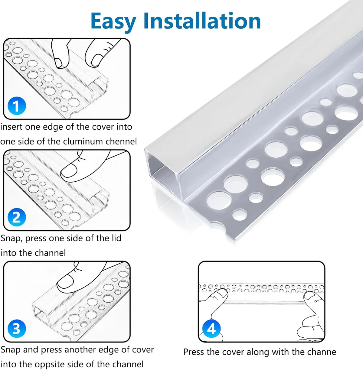 One-Sided Plaster-in Drywall LED Aluminum Channels– Fit for 1 to 12mm LED Strip | Silver | Milky White Cover | 1 / 2 / 3 Meter | Silver | Milky White Cover | 50 / 100 -Pack - Image 4