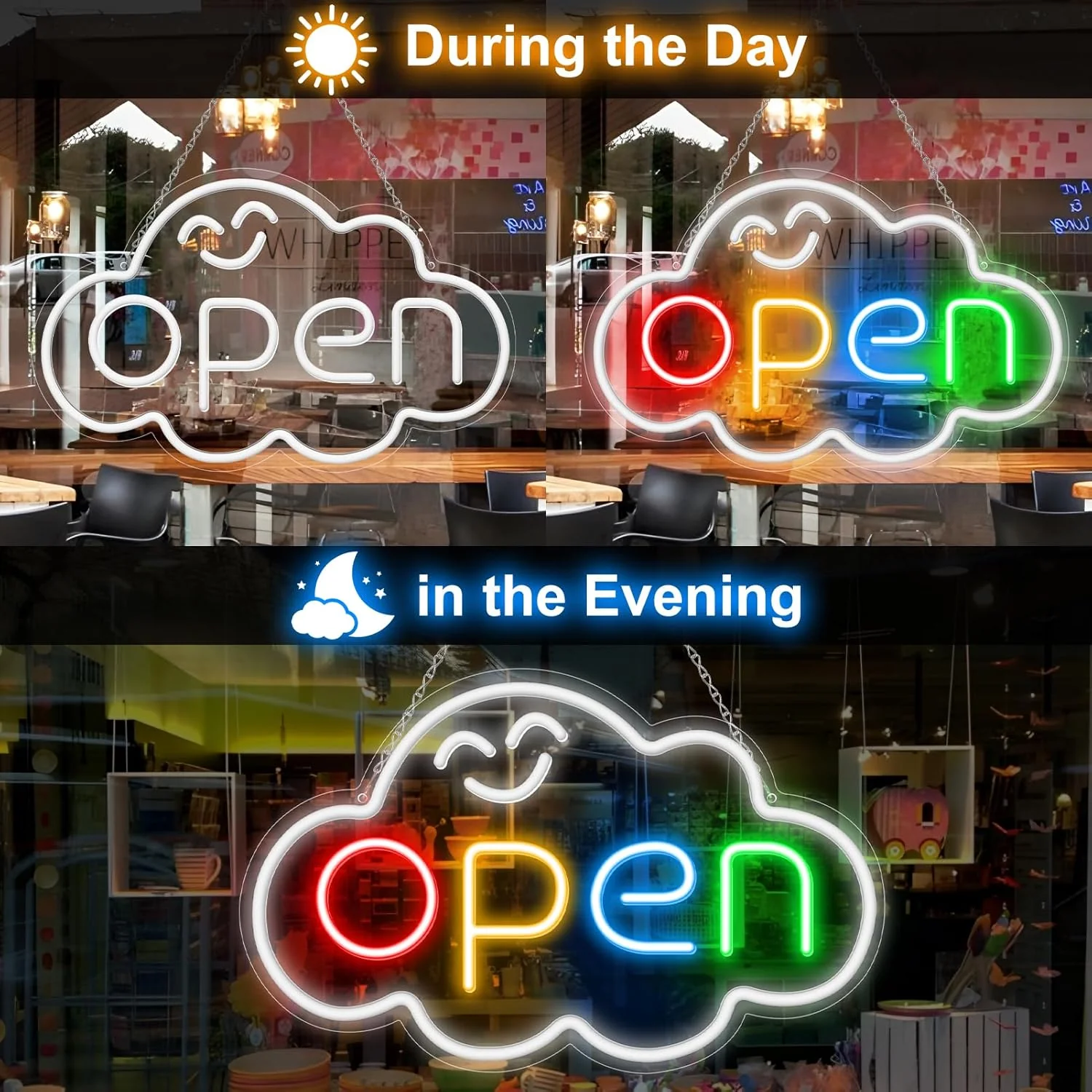 OPEN LED Sign – Cloud Shape | Fixed Rainbow Glow Neon Sign | 2 Sizes | Window Hanging | Plug & Play for Storefronts - Image 3