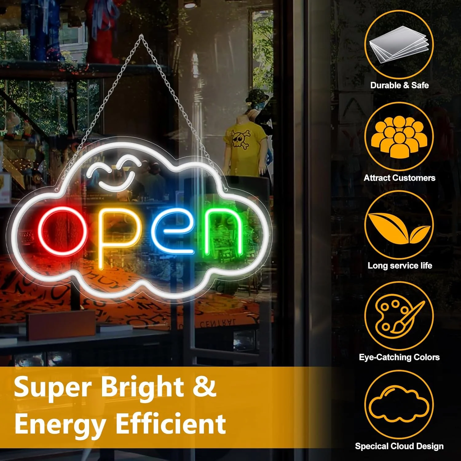 OPEN LED Sign – Cloud Shape | Fixed Rainbow Glow Neon Sign | 2 Sizes | Window Hanging | Plug & Play for Storefronts - Image 4