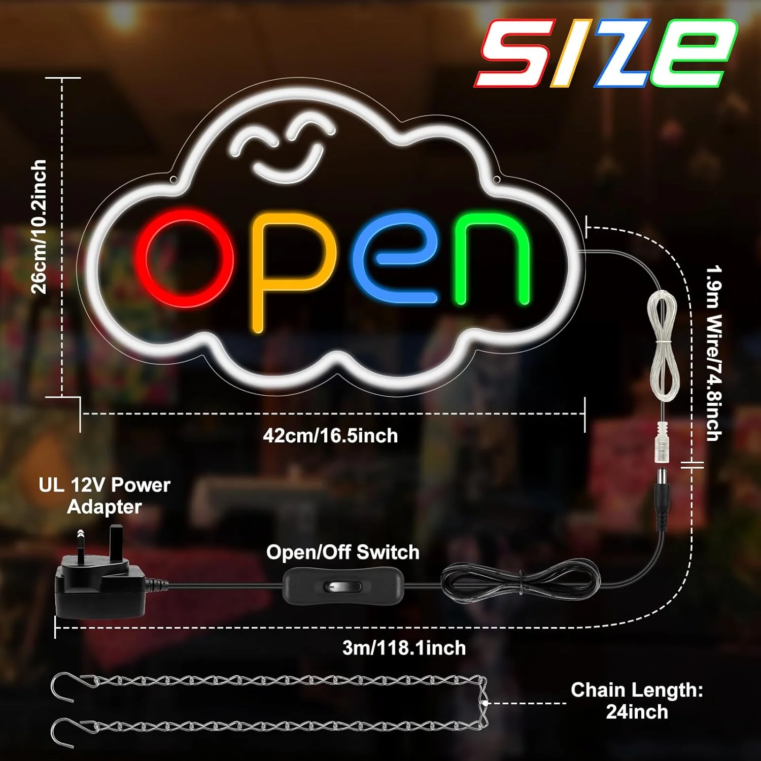OPEN LED Sign – Cloud Shape | Fixed Rainbow Glow Neon Sign | 2 Sizes | Window Hanging | Plug & Play for Storefronts - Image 8