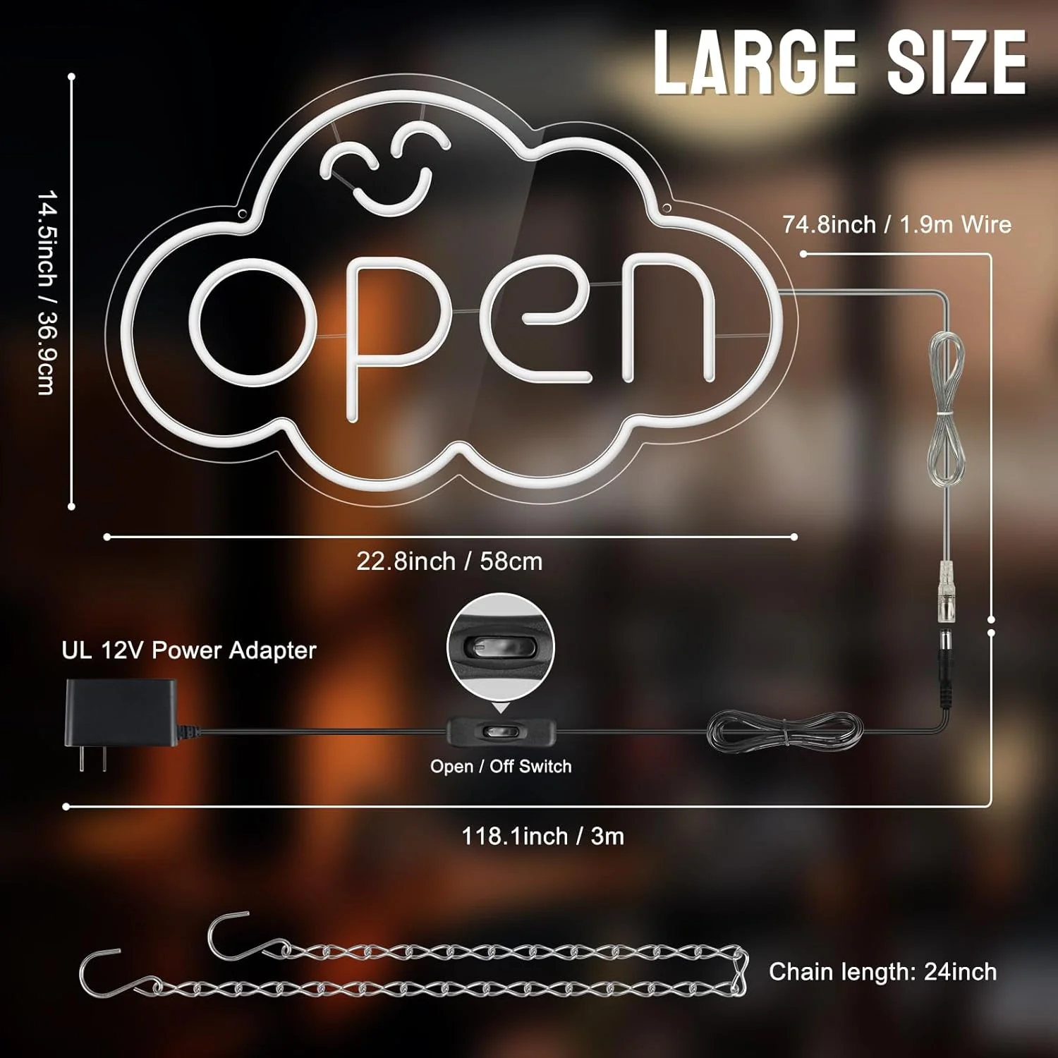 OPEN LED Sign – Cloud Shape | Fixed Rainbow Glow Neon Sign | 2 Sizes | Window Hanging | Plug & Play for Storefronts - Image 9