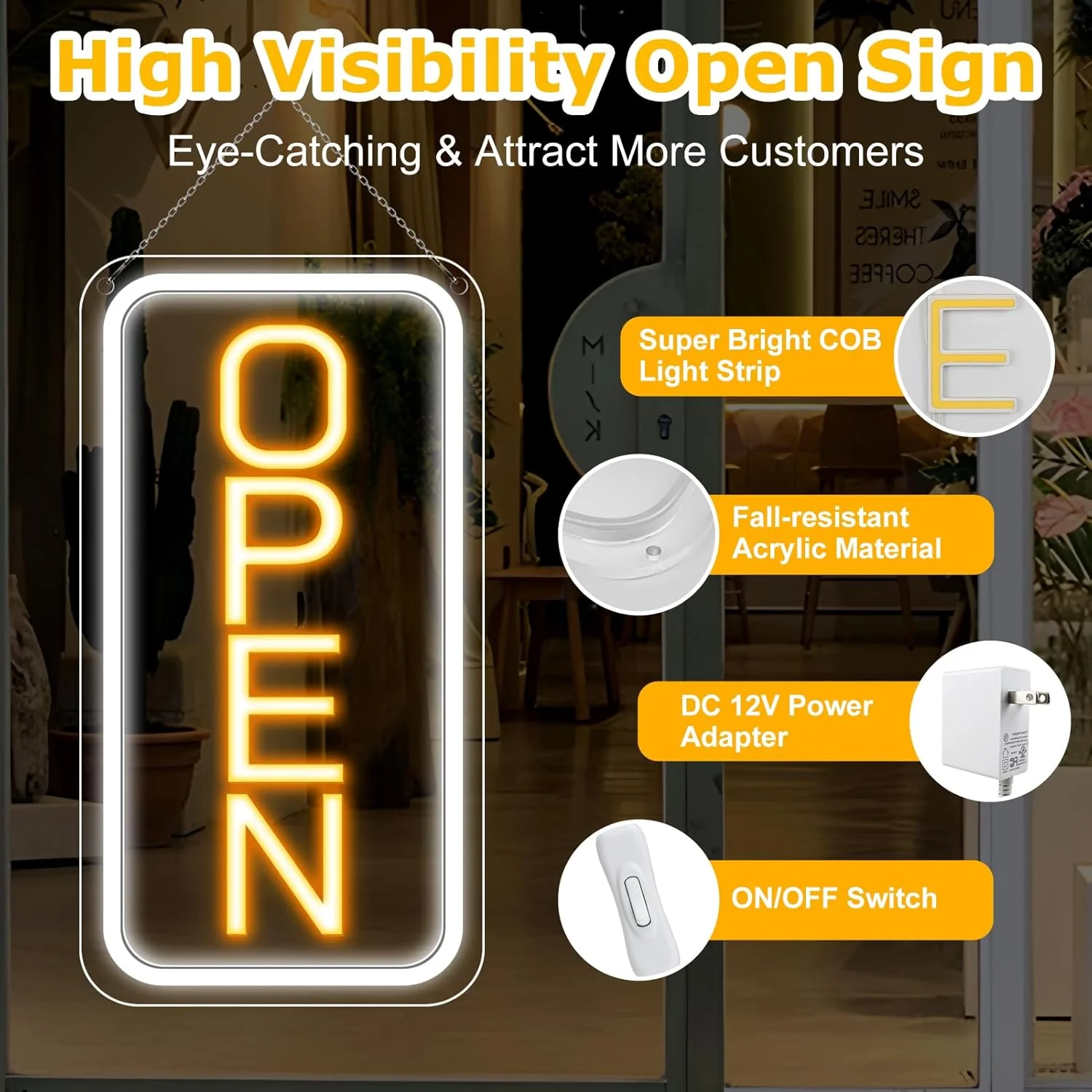 OPEN Neon LED Sign – Vertical Rectangular | 5 Glow Color Options | 16×9 / 23×12 inch | Window Hanging | Plug & Play for Storefronts - Image 4