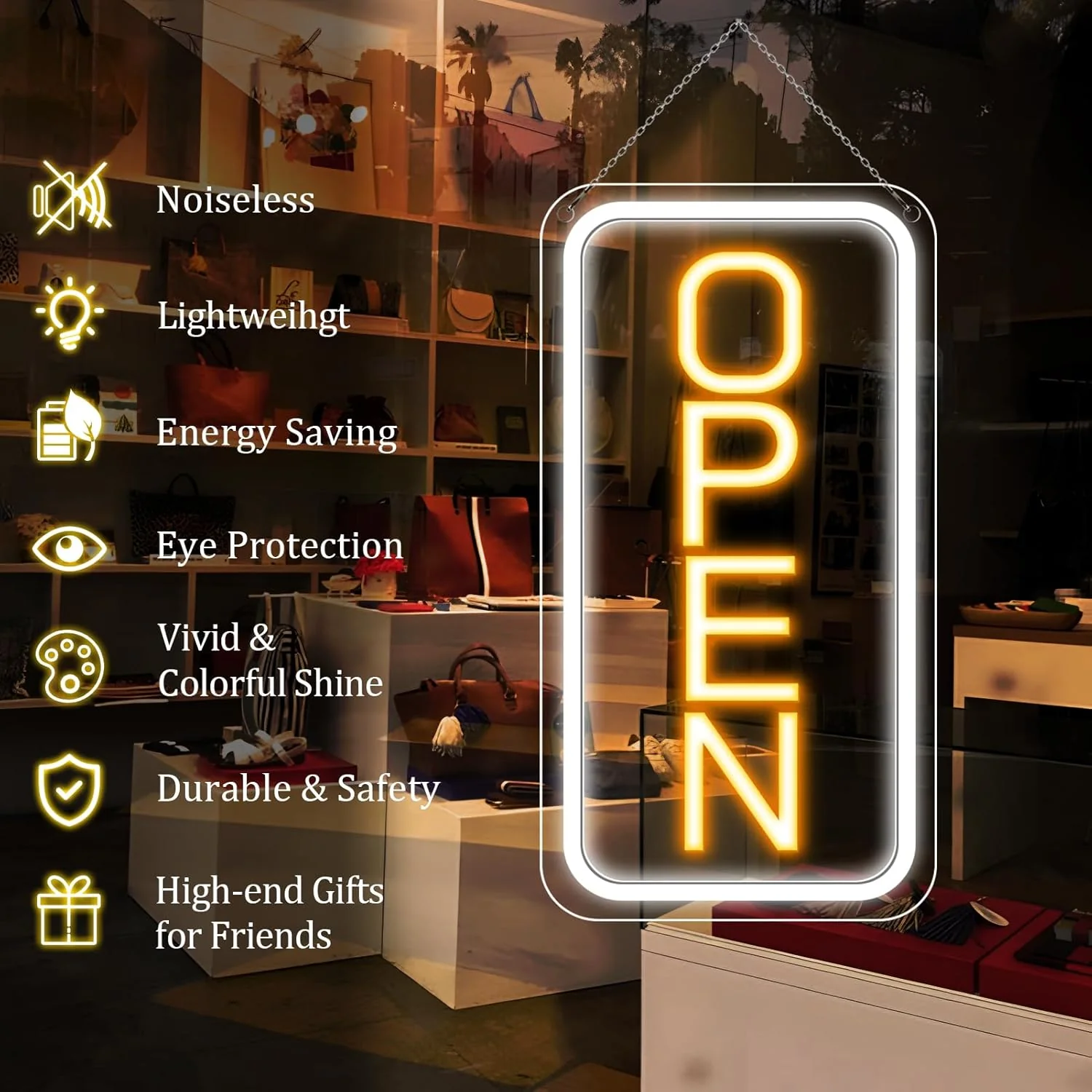 OPEN Neon LED Sign – Vertical Rectangular | 5 Glow Color Options | 16×9 / 23×12 inch | Window Hanging | Plug & Play for Storefronts - Image 5