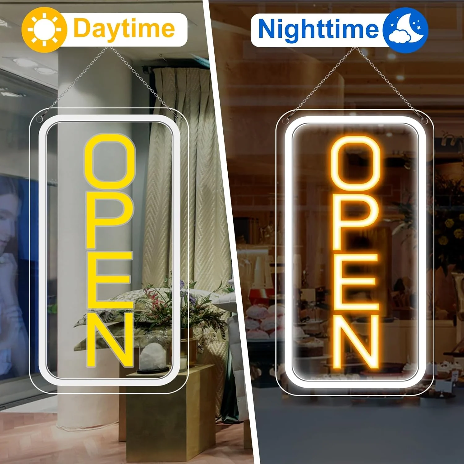 OPEN Neon LED Sign – Vertical Rectangular | 5 Glow Color Options | 16×9 / 23×12 inch | Window Hanging | Plug & Play for Storefronts - Image 6