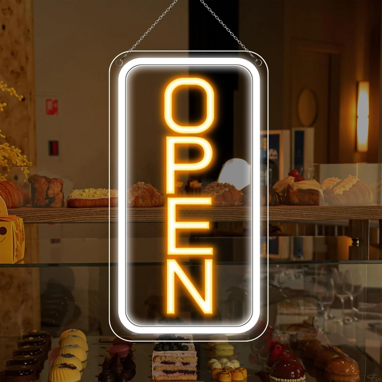 OPEN Neon LED Sign – Vertical Rectangular | 5 Glow Color Options | 16×9 / 23×12 inch | Window Hanging | Plug & Play for Storefronts - Image 8
