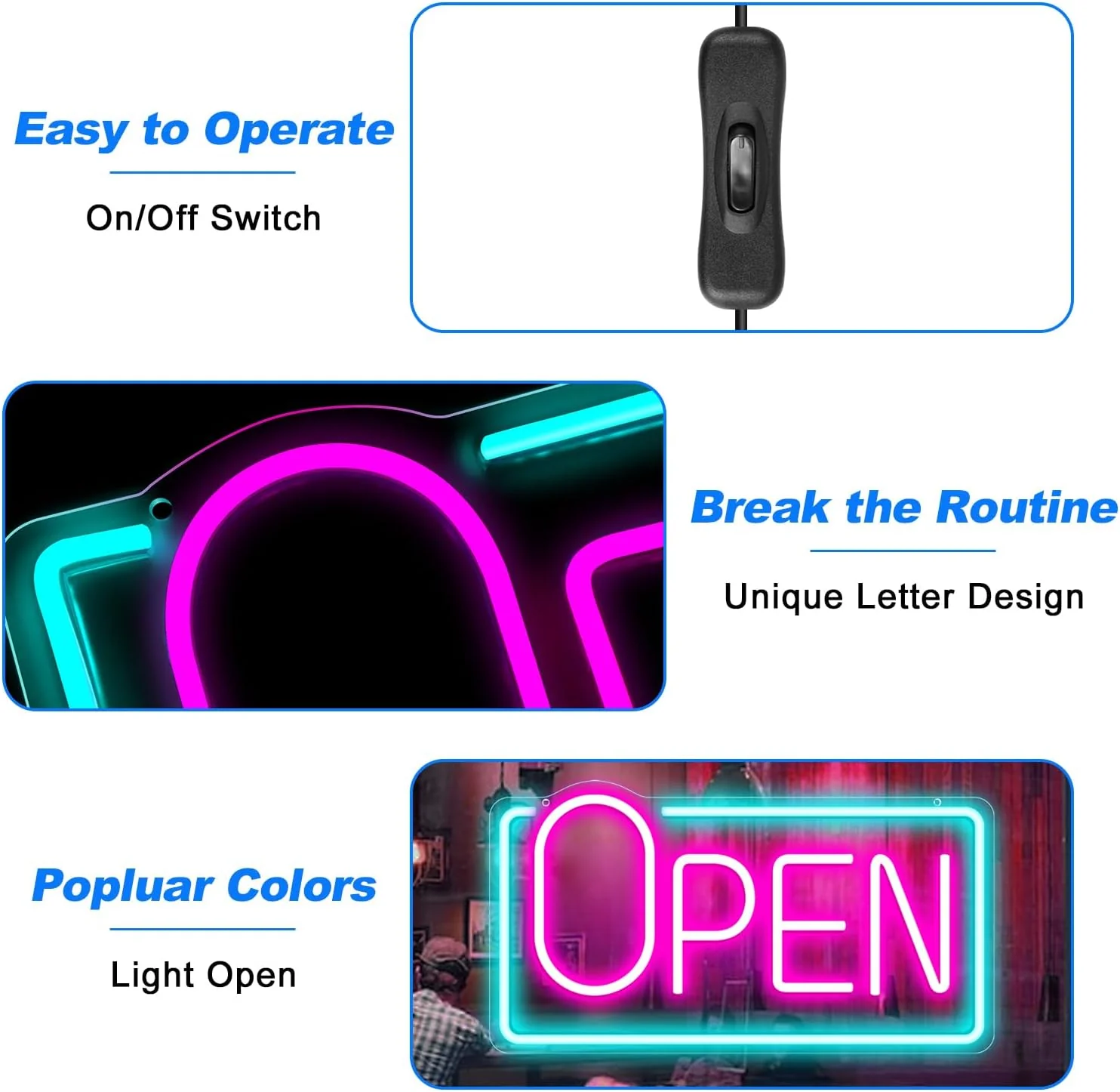 OPEN Neon Sign – Big “O” Style | 5 Glow Color Options | 17×9 inch (42×22 cm) | Window Hanging | Plug & Play for Storefronts - Image 3