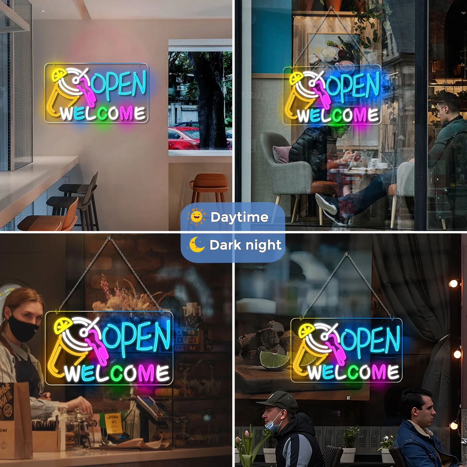 OPEN WELCOME Neon Sign – USB Powered | 16×9 inch (41×23 cm) | Multicolor Glow | LED Window Light with Cocktail Design for Bar, Café, Storefront - Image 3