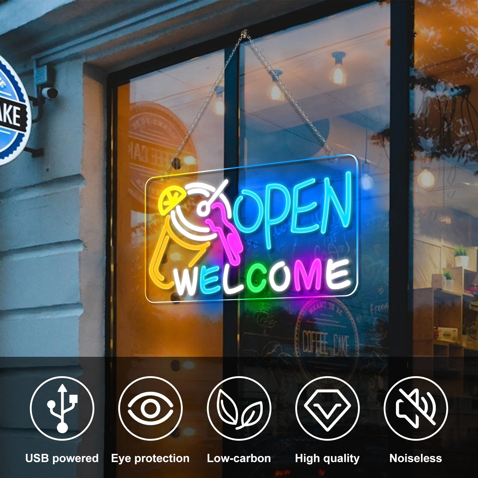 OPEN WELCOME Neon Sign – USB Powered | 16×9 inch (41×23 cm) | Multicolor Glow | LED Window Light with Cocktail Design for Bar, Café, Storefront - Image 4