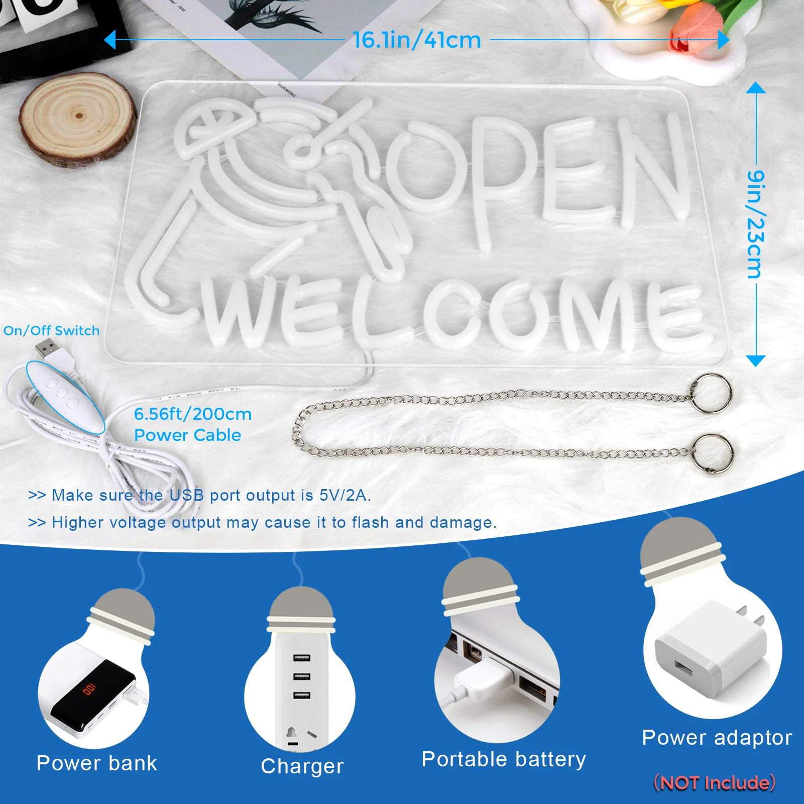 OPEN WELCOME Neon Sign – USB Powered | 16×9 inch (41×23 cm) | Multicolor Glow | LED Window Light with Cocktail Design for Bar, Café, Storefront - Image 5