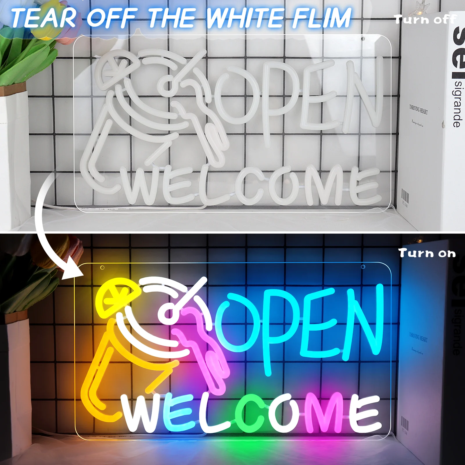 OPEN WELCOME Neon Sign – USB Powered | 16×9 inch (41×23 cm) | Multicolor Glow | LED Window Light with Cocktail Design for Bar, Café, Storefront - Image 6