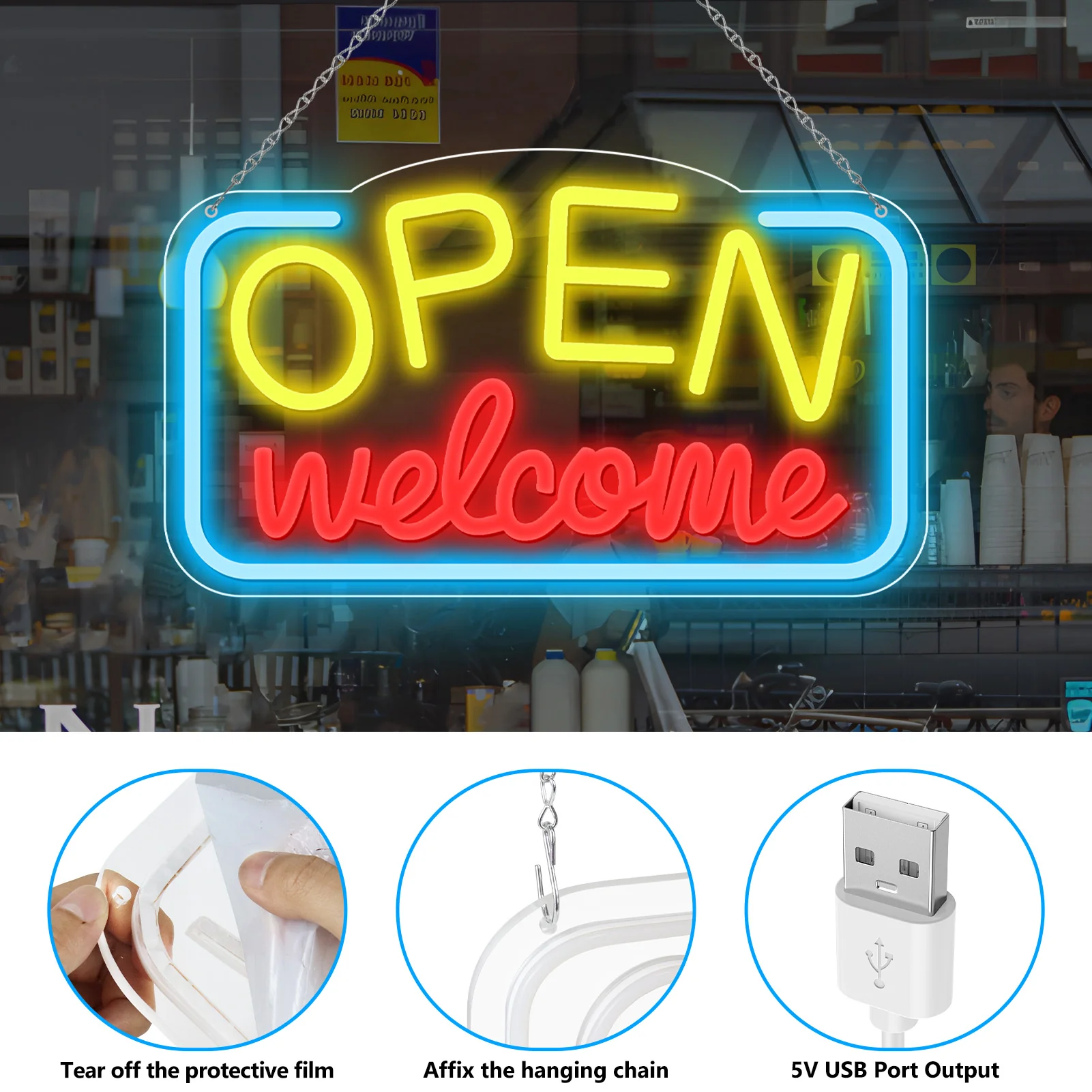 OPEN Welcome Neon Sign – USB Powered | 17×10 inch (43×25 cm) | LED Light for Storefront Window | 2 Color Options - Image 6