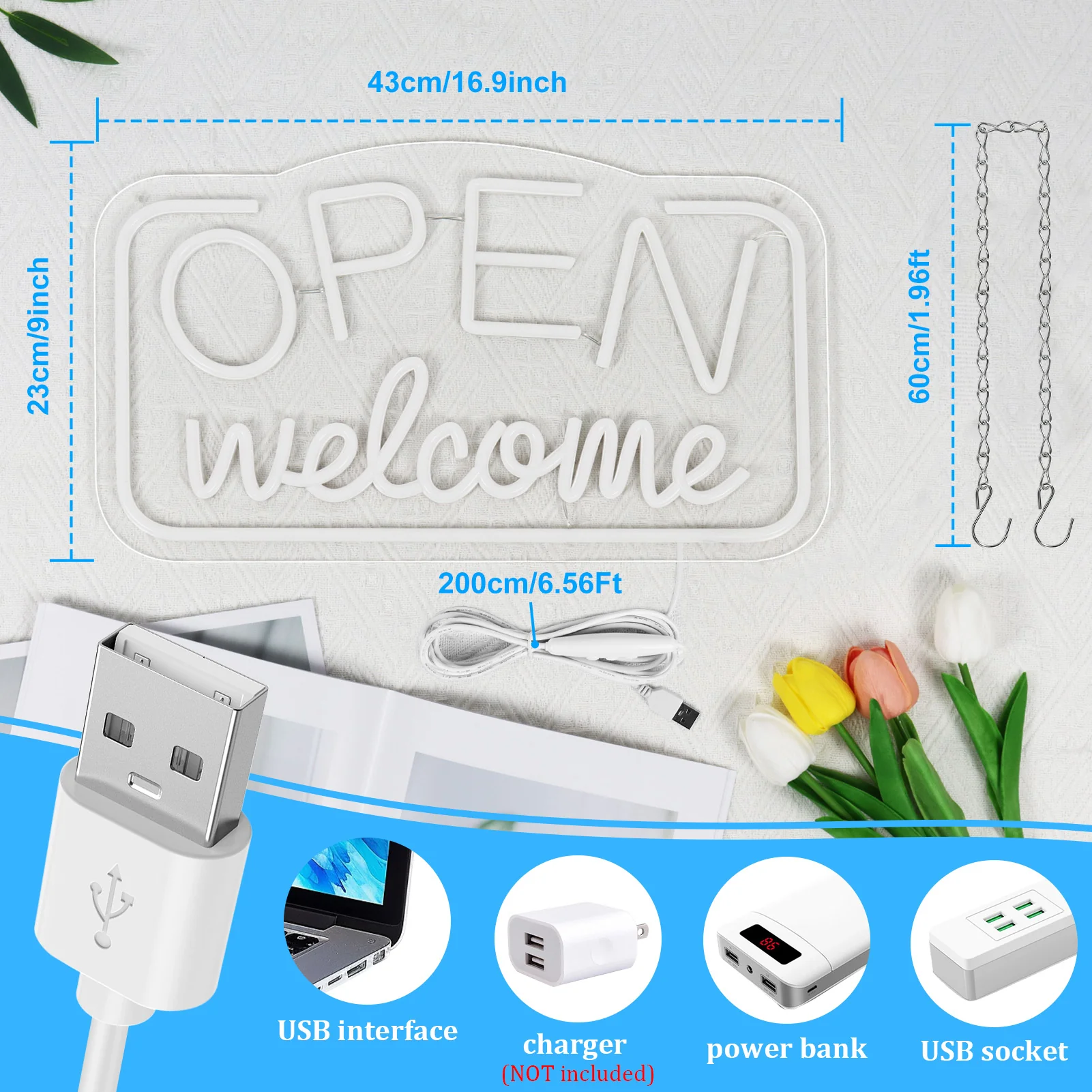 OPEN Welcome Neon Sign – USB Powered | 17×10 inch (43×25 cm) | LED Light for Storefront Window | 2 Color Options - Image 7