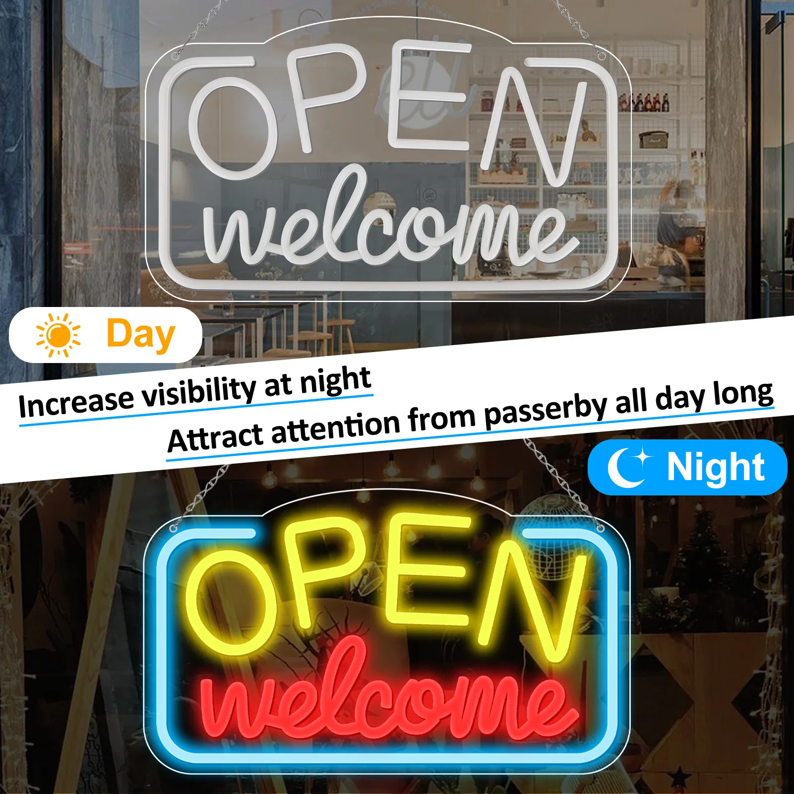 OPEN Welcome Neon Sign – USB Powered | 17×10 inch (43×25 cm) | LED Light for Storefront Window | 2 Color Options - Image 8