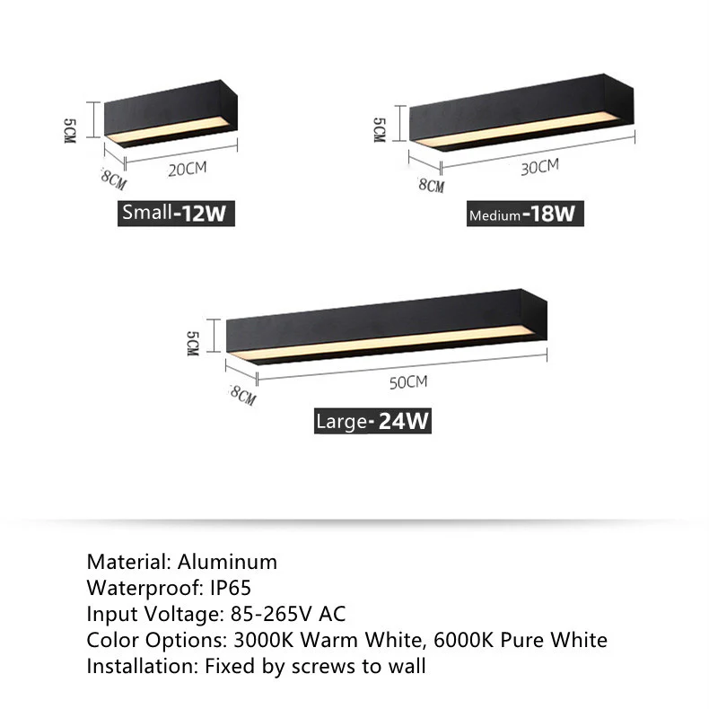 Outdoor LED Wall Light, Long Black Aluminum LED Wall Sconce - 12W / 18W / 28W | 3000K / 6000K | IP65 Waterproof Square Aluminum Wall Lamps - Image 3