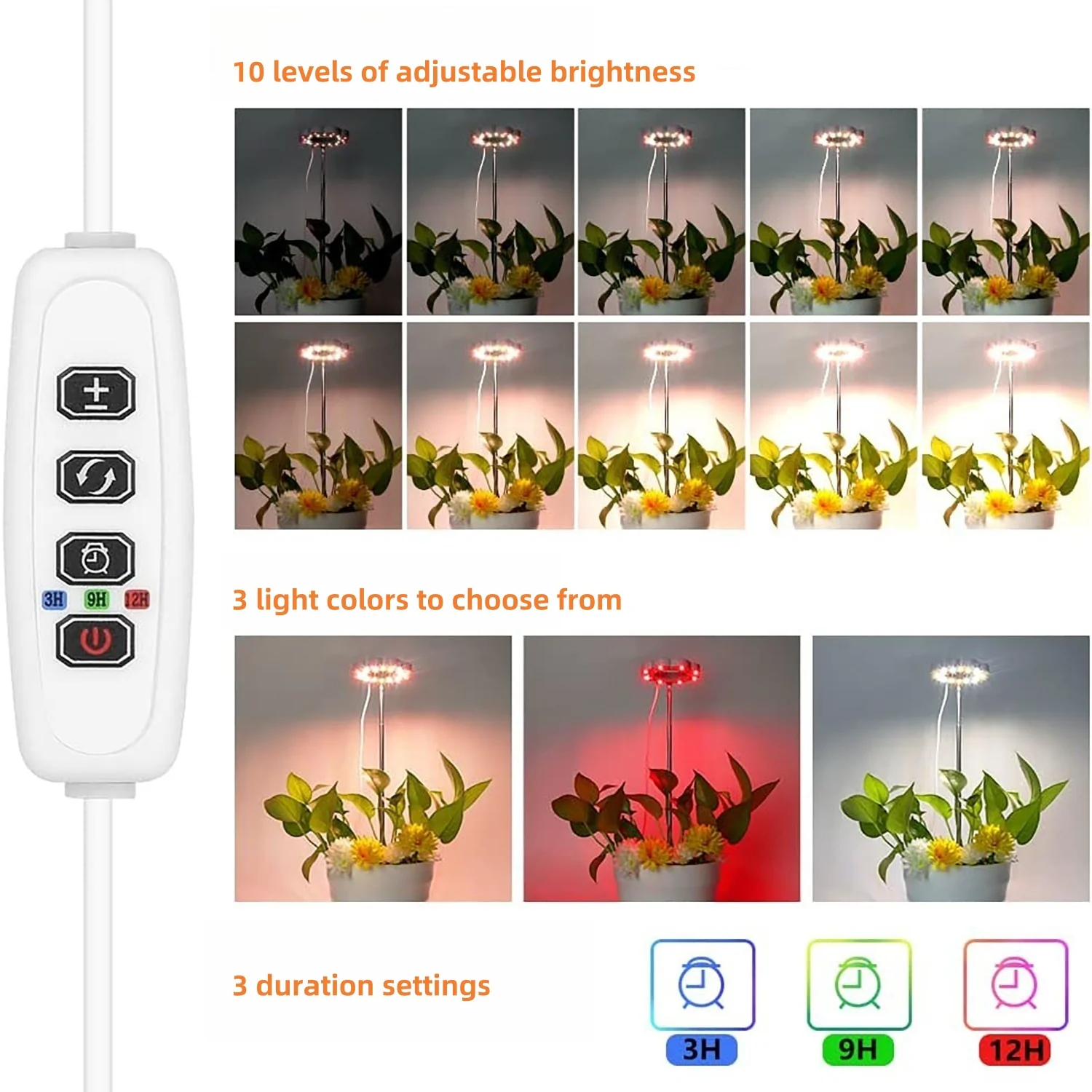 Potted Plants LED Grow Light - 5V | Height Adjustable | Auto On/Off Timer | Full Spectrum | Stake / Desk Base | Dimmable Brightness | Halo Plant Lamp for Indoor Plants Growing | USB Plug | 1 / 2 Pack - Image 3