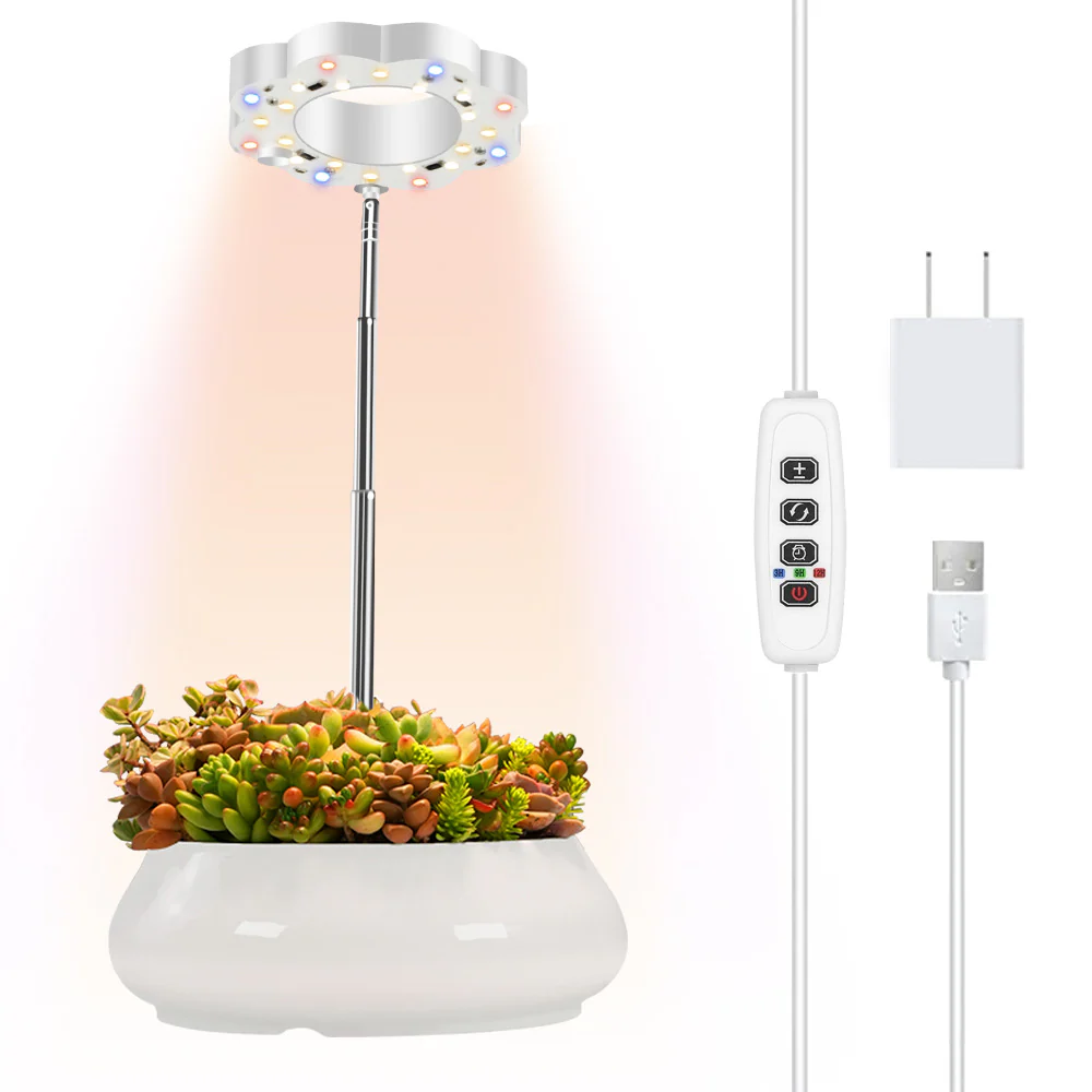 Potted Plants LED Grow Light - 5V | Height Adjustable | Auto On/Off Timer | Full Spectrum | Stake / Desk Base | Dimmable Brightness | Halo Plant Lamp for Indoor Plants Growing | USB Plug | 1 / 2 Pack - Image 4