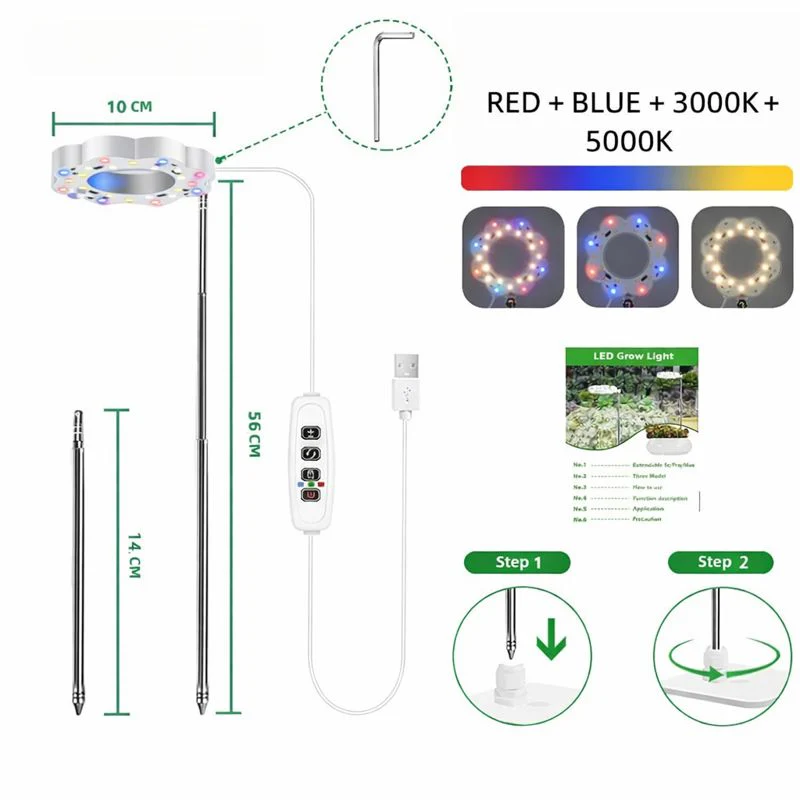 Potted Plants LED Grow Light - 5V | Height Adjustable | Auto On/Off Timer | Full Spectrum | Stake / Desk Base | Dimmable Brightness | Halo Plant Lamp for Indoor Plants Growing | USB Plug | 1 / 2 Pack - Image 7