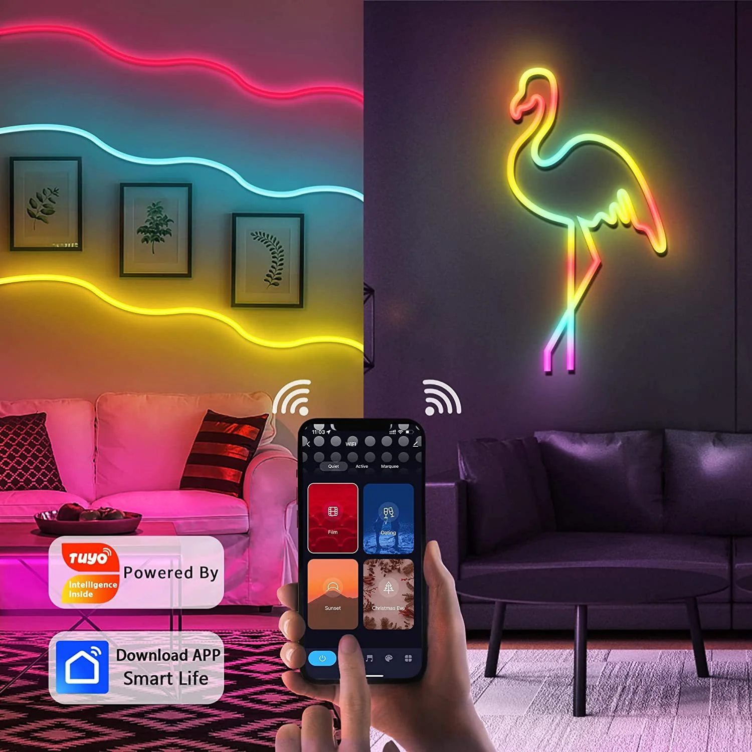 RGB Dream Color LED NEON Light Strip Kit in 16.4FT with 300LEDs Lighting Kit with APP Controlled Sound Active function Wireless Remote Control - Image 4