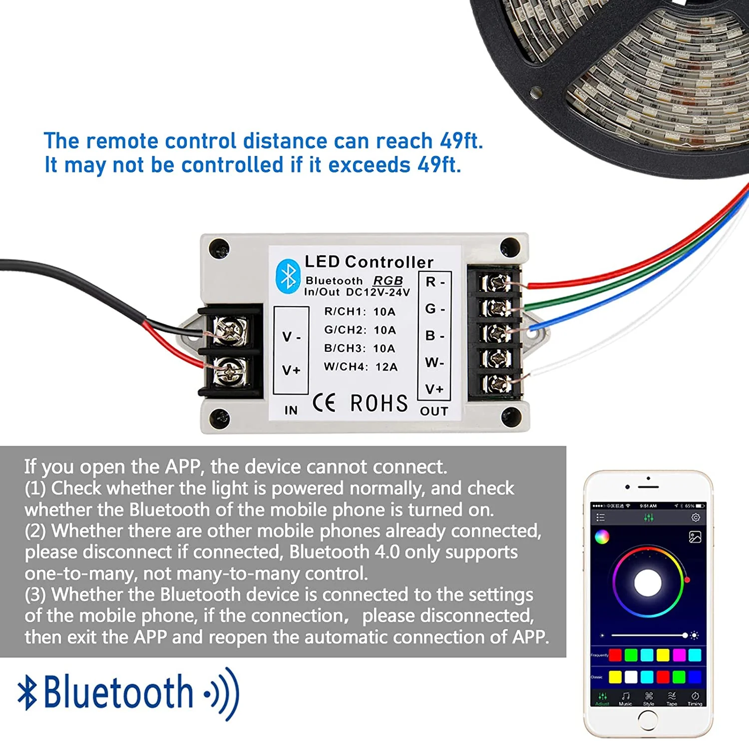 Bluetooth RGB/RGBW LED Strip Controller – DC12V-24V | Smartphone APP Control (iOS & Android) | For LED Strips - Image 4