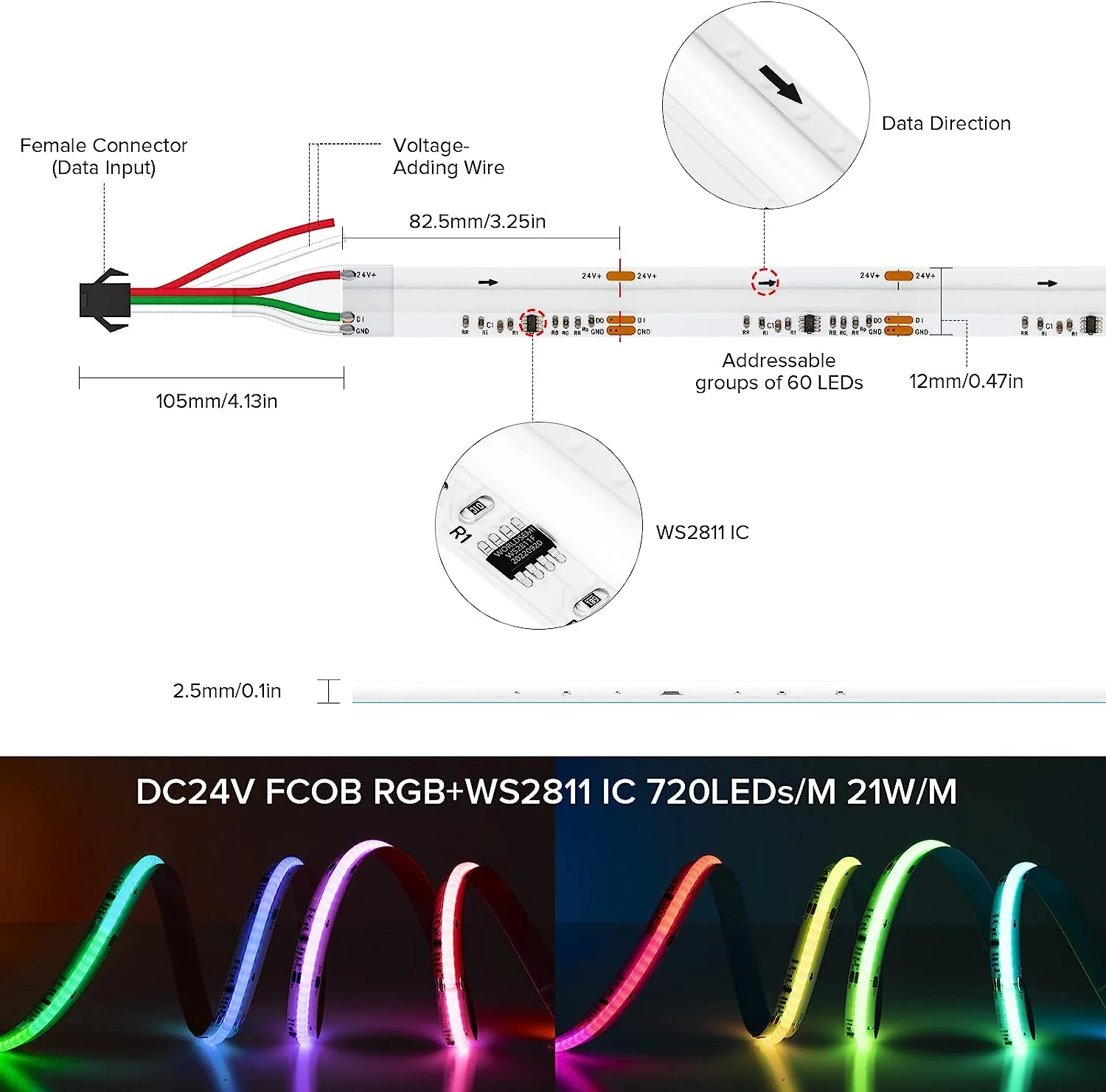 RGBIC Addressable COB Flexible LED Strip Light - 12V / 24V | 576 / 720 LEDs/m | Dream Color SP | 10mm PCB | Dot-Free Continuous Lighting | Non-Waterproof | for Cabinets, Kitchen & Office Lighting | 5/50M - Image 3