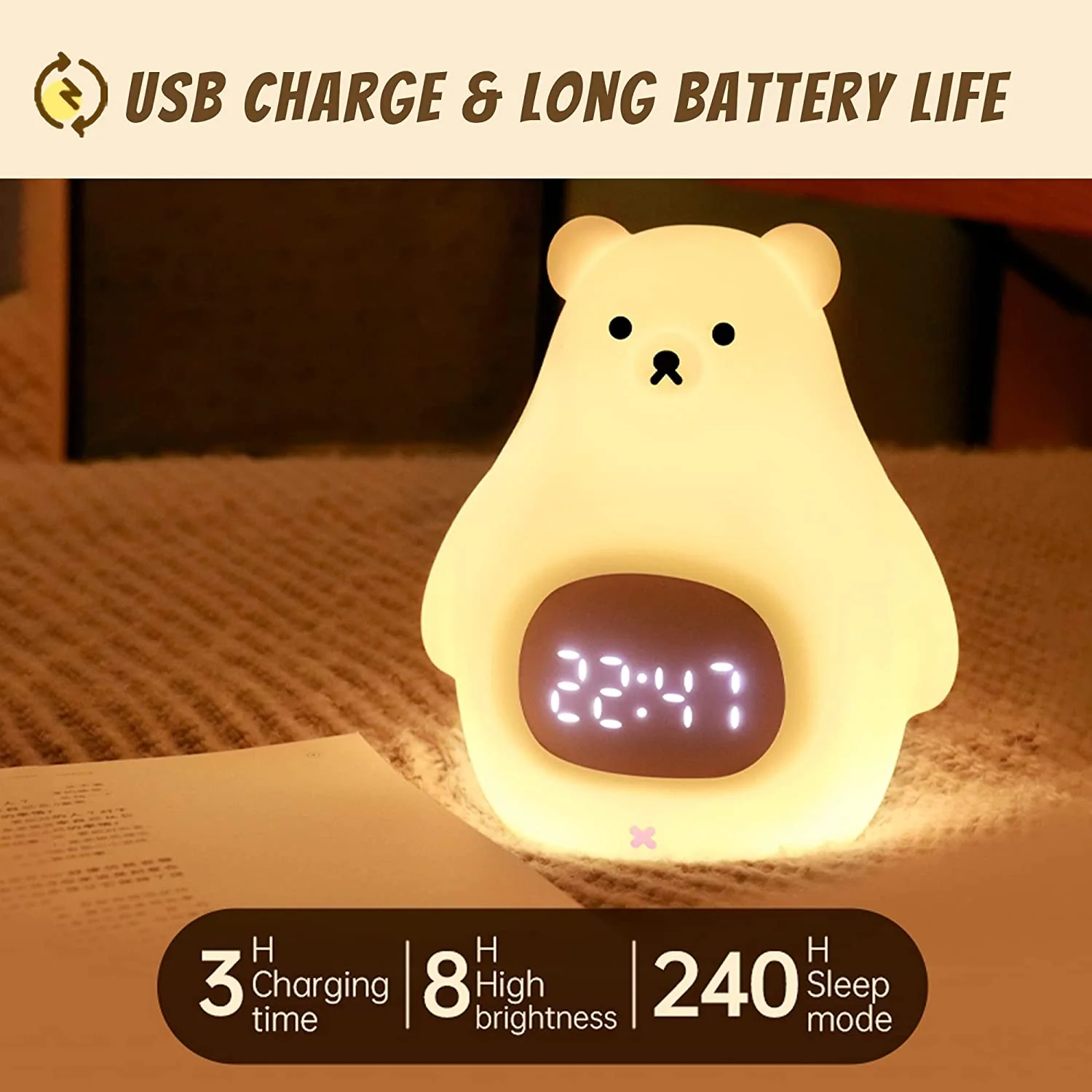 Silicone Alarm Clock LED Night Light – Rechargeable Baby Nursery Sleep Lamp with Timer | 3-Color Touch/ RGB Color Changing with Remote Control | for Baby Girls Boys - Image 4