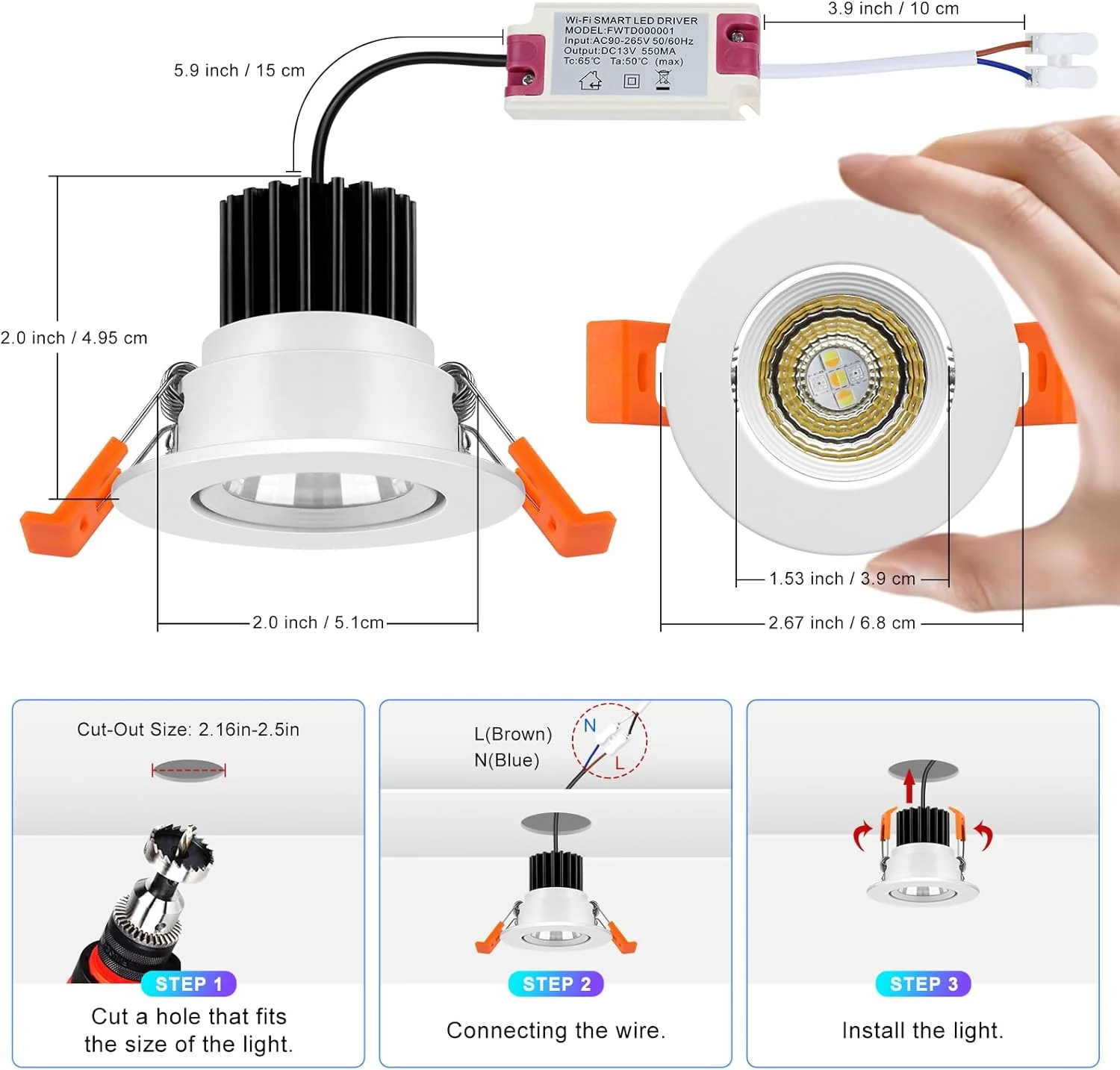 Smart COB WiFi Recessed Lighting | 2Inch 5W | Dimmable RGB & CCT 2700-6500K | 100–240V | White Housing | Compatible with Alexa and Google Home | 4 / 6 / 10 / 12-Pack - Image 3