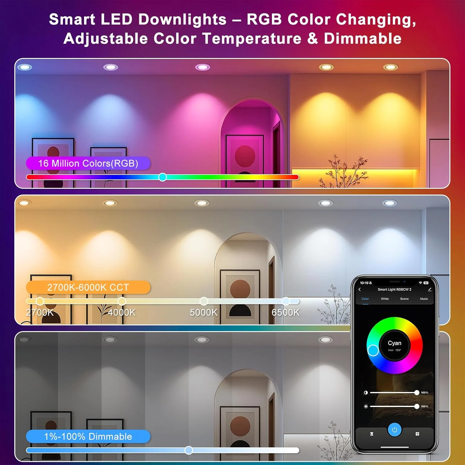 Smart COB WiFi Recessed Lighting | 2Inch 5W | Dimmable RGB & CCT 2700-6500K | 100–240V | White Housing | Compatible with Alexa and Google Home | 4 / 6 / 10 / 12-Pack - Image 4