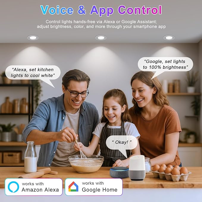 Smart COB WiFi Recessed Lighting | 2Inch 5W | Dimmable RGB & CCT 2700-6500K | 100–240V | White Housing | Compatible with Alexa and Google Home | 4 / 6 / 10 / 12-Pack - Image 5