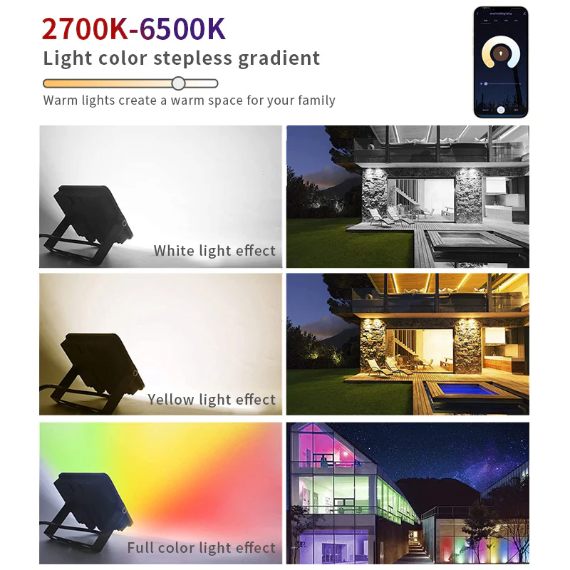 FL-SM Series Smart RGBCW LED Flood Light – 30W - 200W | Bluetooth / WiFi&Bluetooth APP | 2700K–6500K Tunable White + 16 Million Colors | IP66 Waterproof Landscape Light with Music Sync | Works with Alexa & Google Assistant | With Plug | 2 / 10-Pack - Image 4