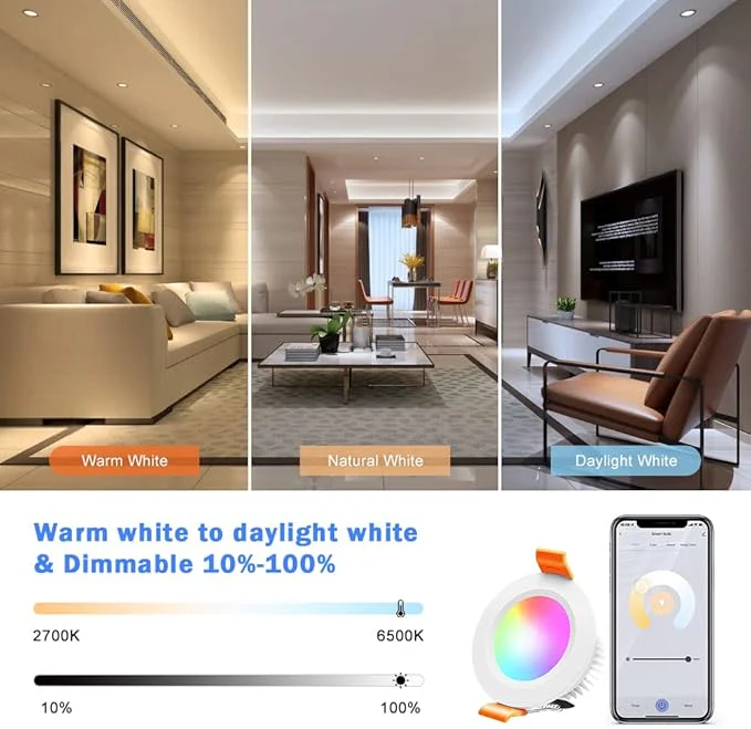 Smart WiFi Recessed Lighting | 2Inch 5W | Dimmable RGB & CCT 2700-6500K | 100–240V | White Housing | Compatible with Alexa and Google Home | 4 / 6 / 10-Pack - Image 4