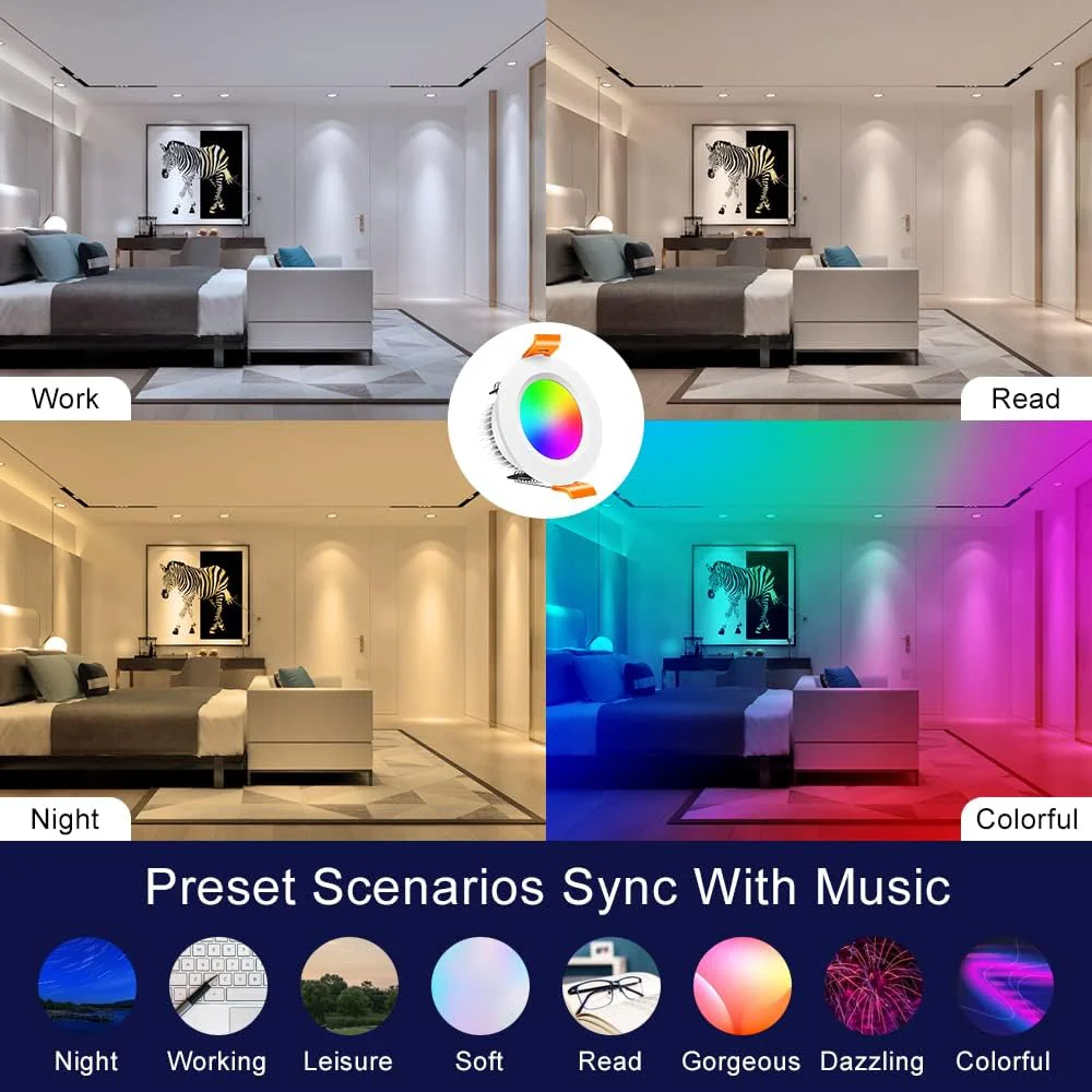 Smart WiFi Recessed Lighting | 2Inch 5W | Dimmable RGB & CCT 2700-6500K | 100–240V | White Housing | Compatible with Alexa and Google Home | 4 / 6 / 10-Pack - Image 5