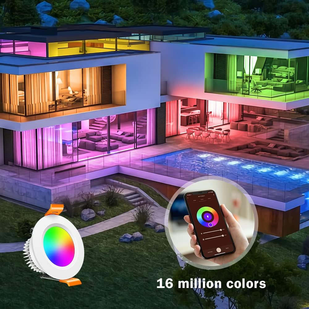 Smart WiFi Recessed Lighting | 2Inch 5W | Dimmable RGB & CCT 2700-6500K | 100–240V | White Housing | Compatible with Alexa and Google Home | 4 / 6 / 10-Pack - Image 6
