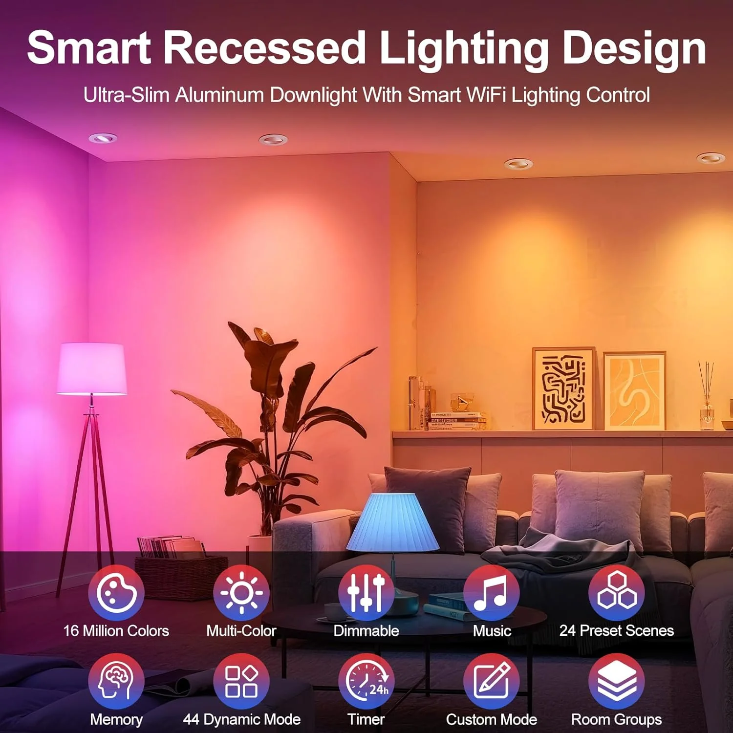 Smart WiFi Recessed Lighting | 3Inch 5W | Ultra-Thin 60° Adjustable Downlight | Dimmable RGB & CCT 2700-6500K | 85–240V | White Housing | Compatible with Alexa and Google Home | 4 -Pack - Image 6