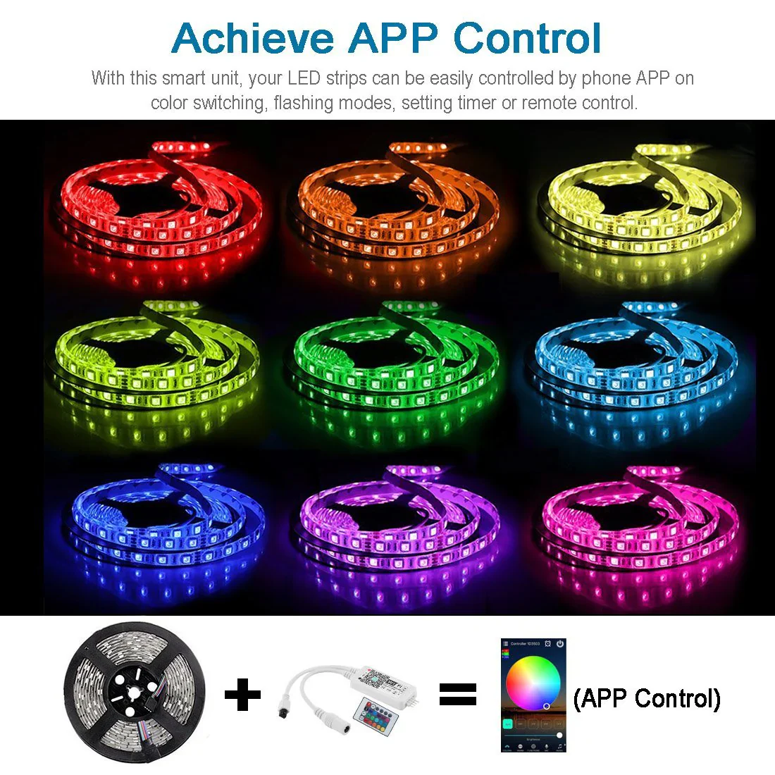 Smart WIFI SMD5050 150LEDs RGB LED Strip Light Kit - DC12V | 30 LEDs/M | 10mm PCB | IP00 / IP65 | 5M /10M | RGB Color Changing LED Strip Lights with Alexa, Google Assistant | App Control & 24 Keys Controller + Power Supply | 5/10M - Image 8