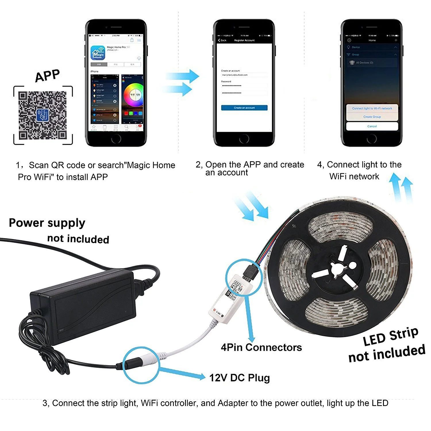 Smart WIFI SMD5050 300LEDs RGB LED Strip Light Kit - DC12V | 60 LEDs/M | 10mm PCB | IP00 / IP65 | 5M | RGB Color Changing LED Strip Lights with Alexa, Google Assistant | App Control & 24 Keys Controller + Power Supply | 5M - Image 2