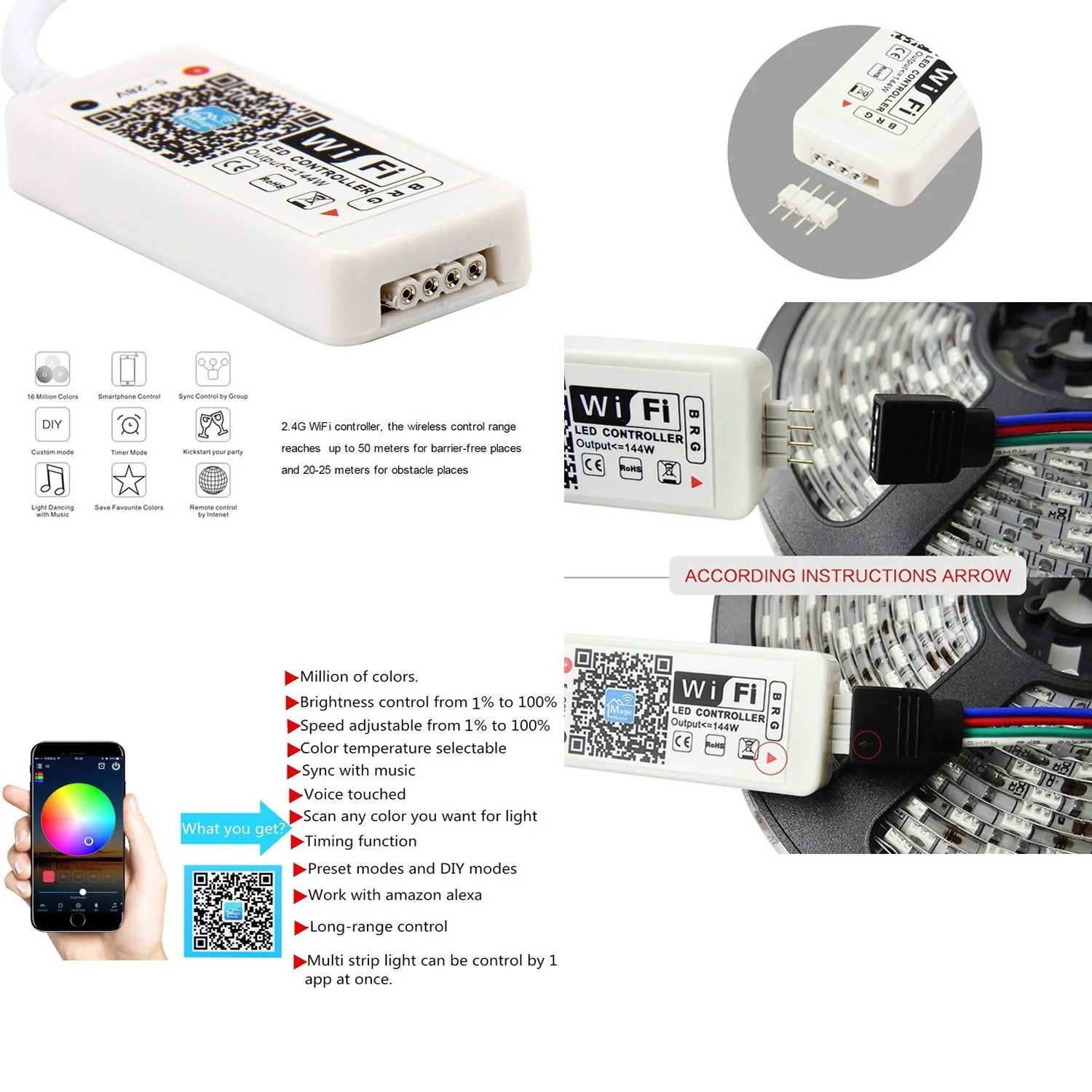 Smart WIFI SMD5050 300LEDs RGB LED Strip Light Kit - DC12V | 60 LEDs/M | 10mm PCB | IP00 / IP65 | 5M | RGB Color Changing LED Strip Lights with Alexa, Google Assistant | App Control & 24 Keys Controller + Power Supply | 5M - Image 4