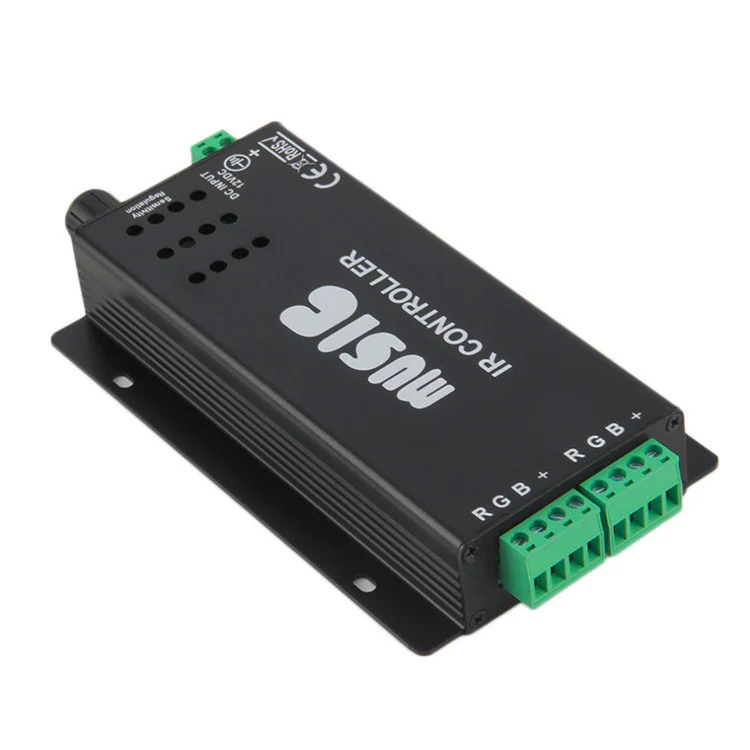 Sound/Music Sensitive RGB LED Strip Controller – DC12V-24V 12A | Black Aluminum Housing Controller with 24-Key IR Remote | For LED Strips - Image 2