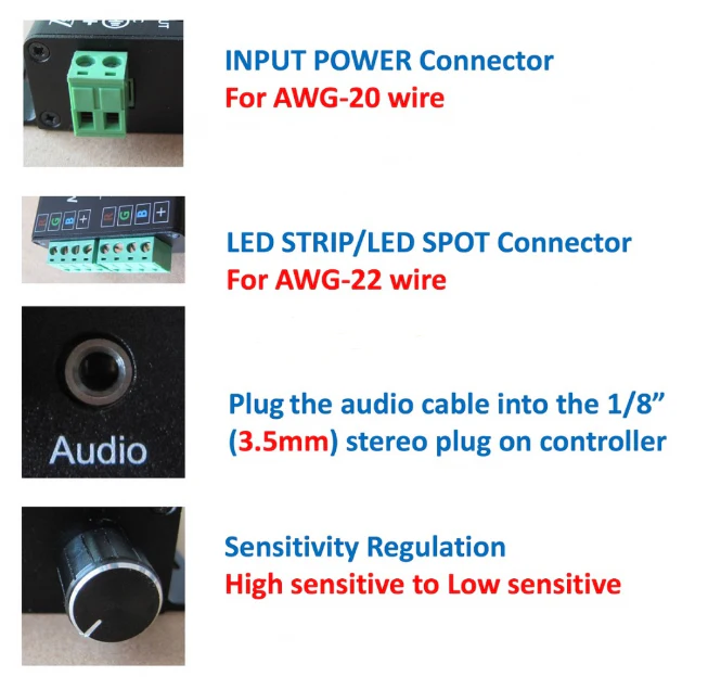 Sound/Music Sensitive RGB LED Strip Controller – DC12V-24V 12A | Black Aluminum Housing Controller with 24-Key IR Remote | For LED Strips - Image 5
