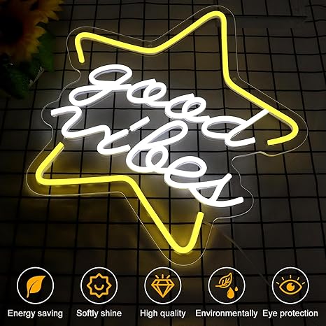 Star Good Vibes Neon Sign for Game Room Decor, 15.7*15.7'' Light Up Neon Lights Powered by USB with ON/OFF Switch, Man Cave, Kids Room,Super Star Gaming Wall Decor Gamer Gifts for Boys, Kid, Monther's Day(White) - Image 3
