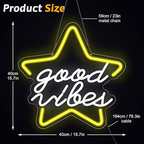 Star Good Vibes Neon Sign for Game Room Decor, 15.7*15.7'' Light Up Neon Lights Powered by USB with ON/OFF Switch, Man Cave, Kids Room,Super Star Gaming Wall Decor Gamer Gifts for Boys, Kid, Monther's Day(White) - Image 5